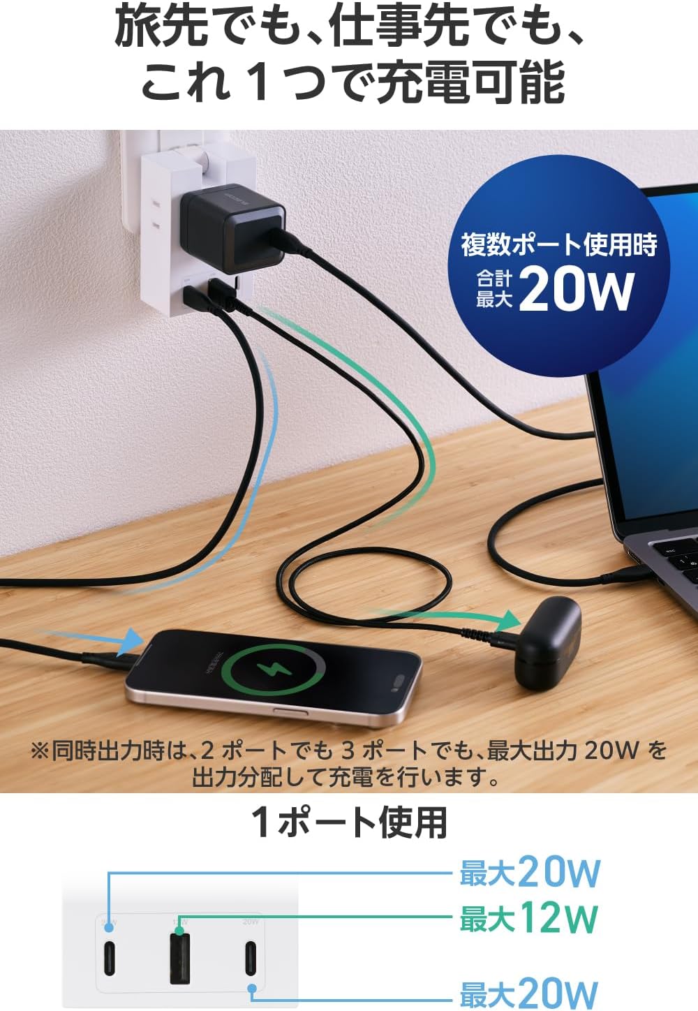 Detalle de エレコム ECT-37-3AC2WH 直挿しUSB電源タップ USB-C×2・USB-A×1・AC3個口