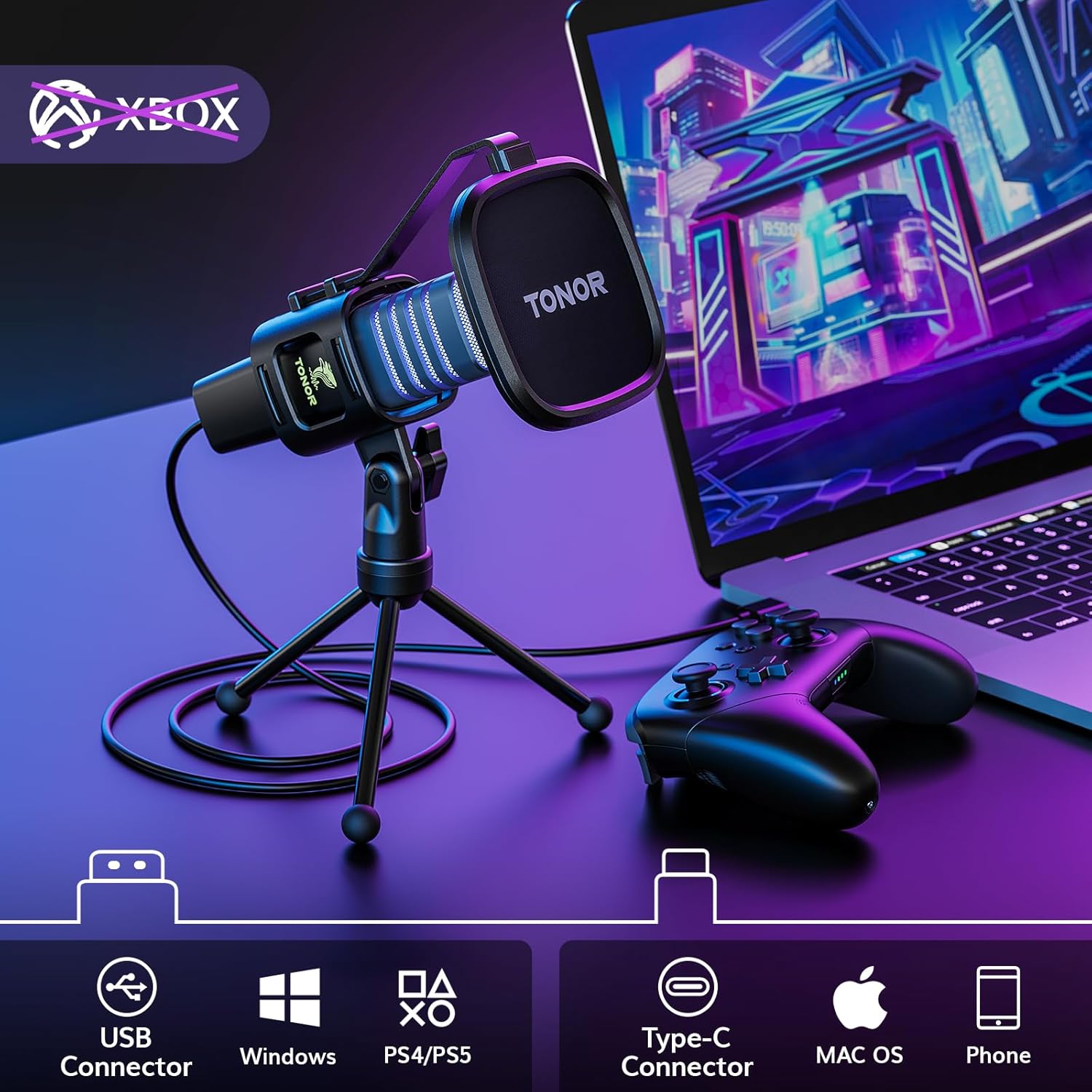 Detalle 2 de TONOR TC30 : micro USB à condensateur pour gaming, streaming et podcasts, RVB et mode Plug & Play