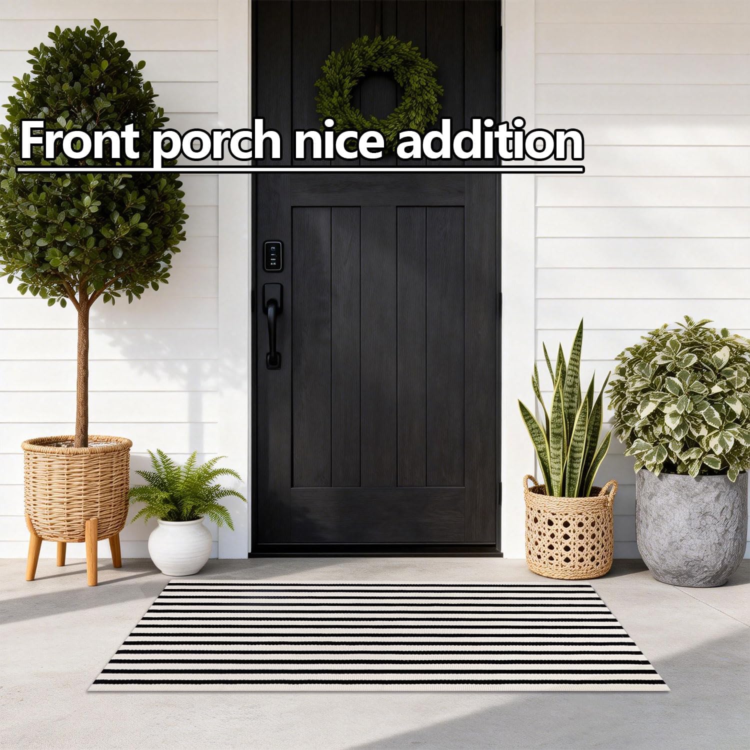 Detalle 2 de Rustaa STRIPED Handwoven Door Mat, 2 ft x 4.2 ft, Black and Beige