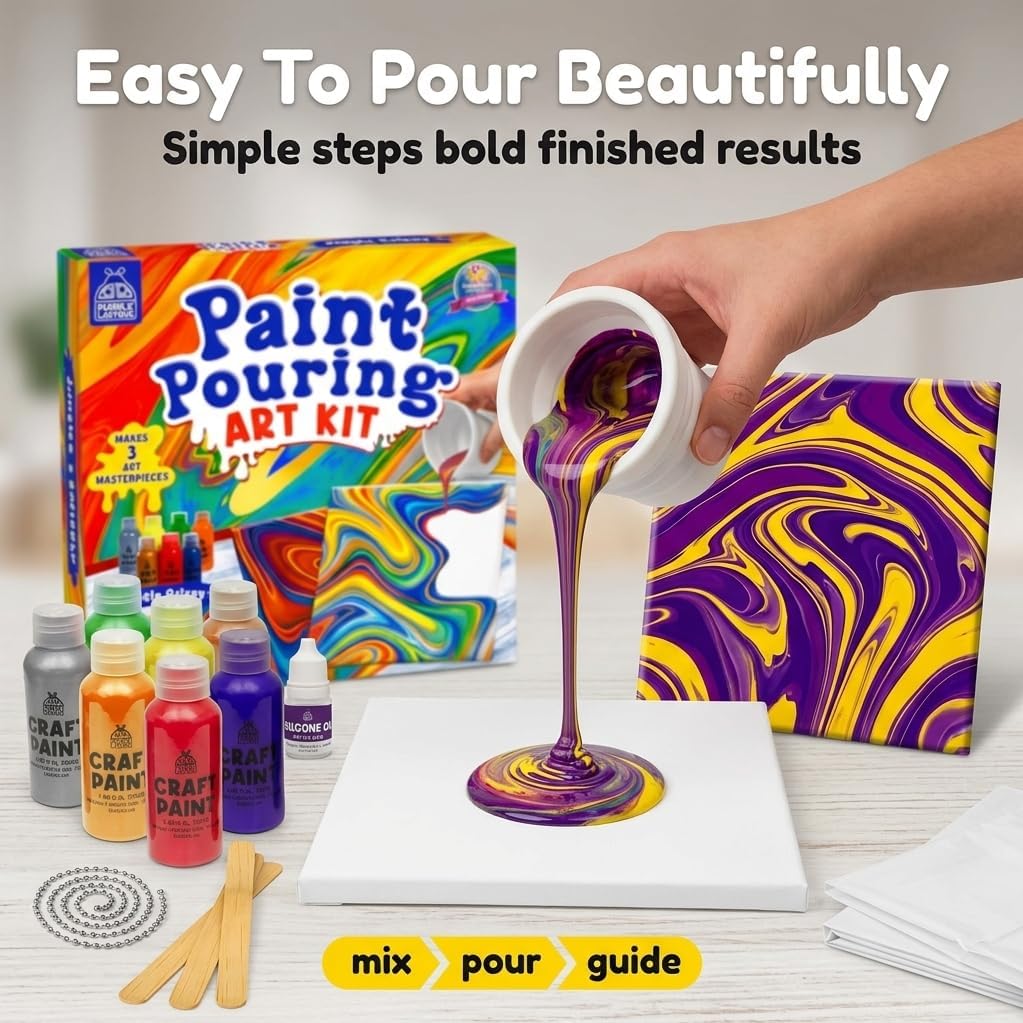 Thumbnail 3 de PURPLE LADYBUG Paint Pouring Art Kit (Jungle Galaxy) for Ages 6–12 – BPA Free craft set with canvas boards, paints & tools