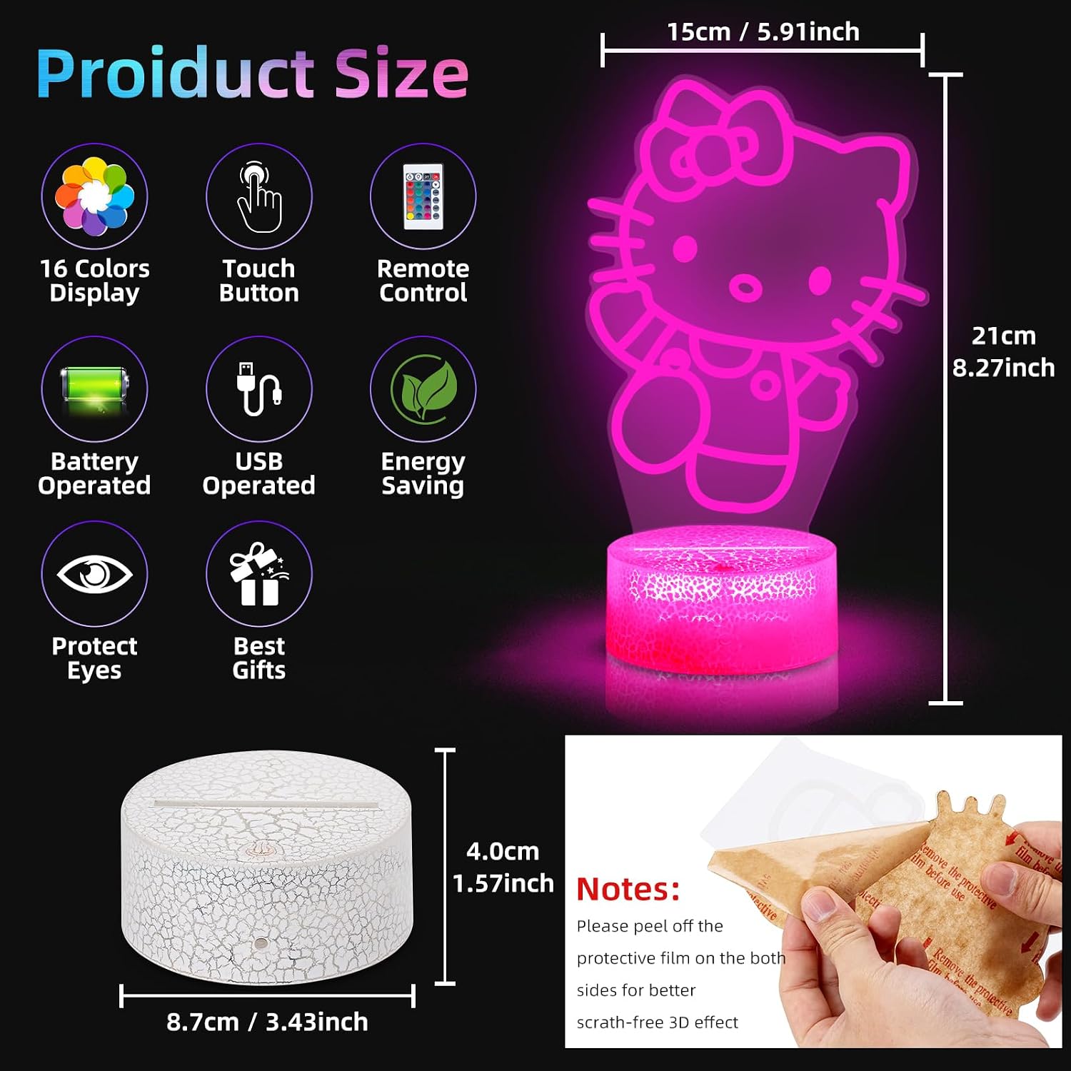 Detalle de ZTZK Kitty Lampe 3D Nachtlicht mit 16 Farben 🛋