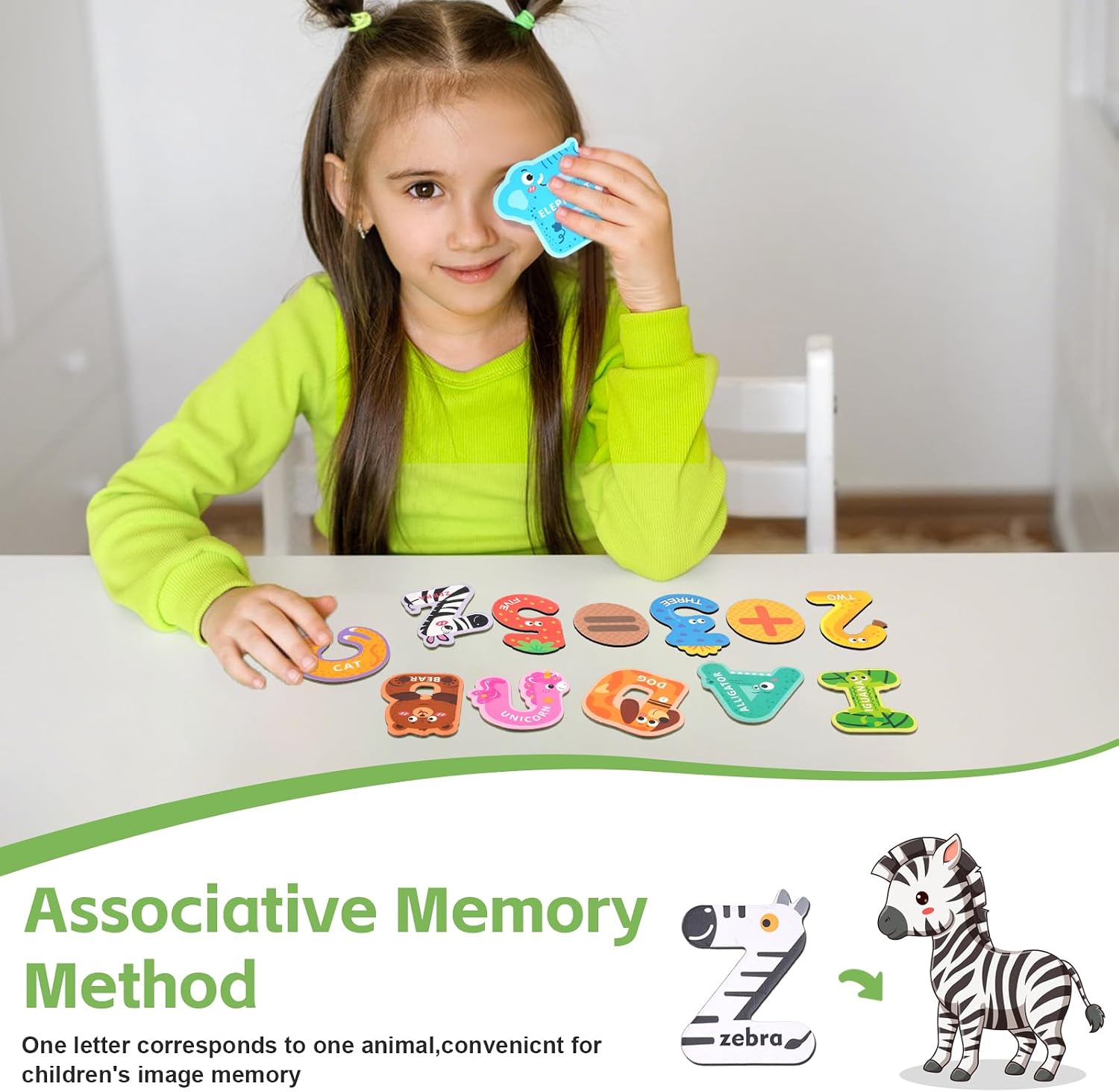 Detalle 2 de 52 Pcs Uppercase Magnetic Letters and Numbers for Children – Large Fridge Magnets with Animal & Fruit Designs