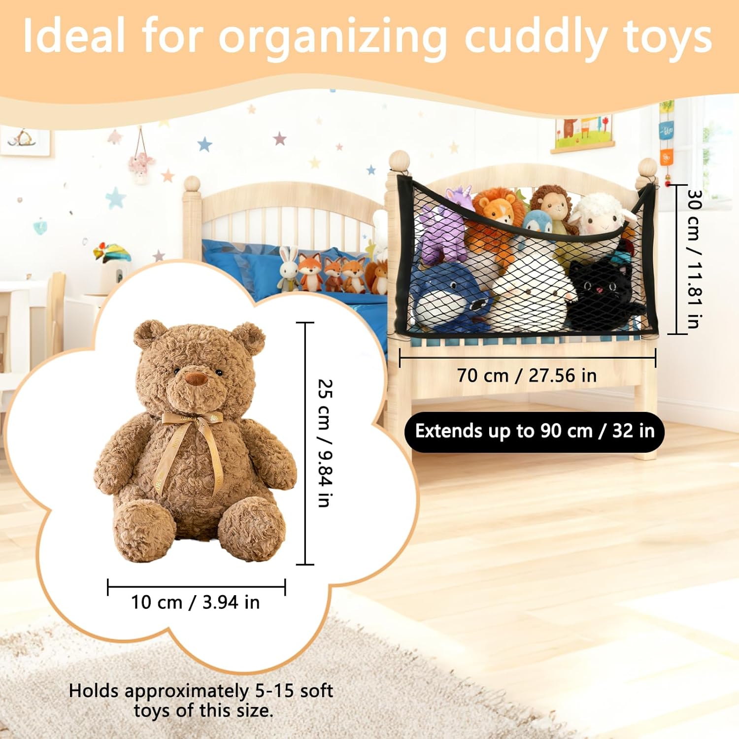 Thumbnail 1 de VOSSOT Bettseiten-Stofftier-Organizer mit Hängematte (70×30 cm) – Aufbewahrungsnetz fürs Kuscheltier
