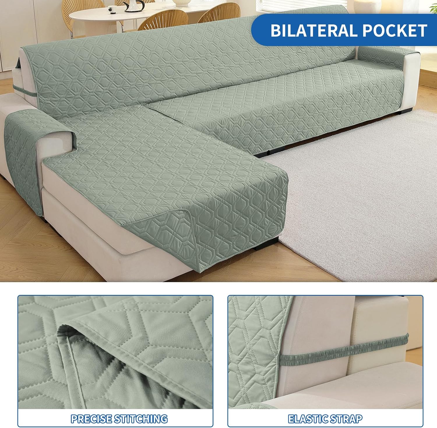 Detalle de YSTELLAA Impermeabile copridivano 3 posti con penisola reversibile (destra/sinistra) antiscivolo e antigraffio, verde chiaro