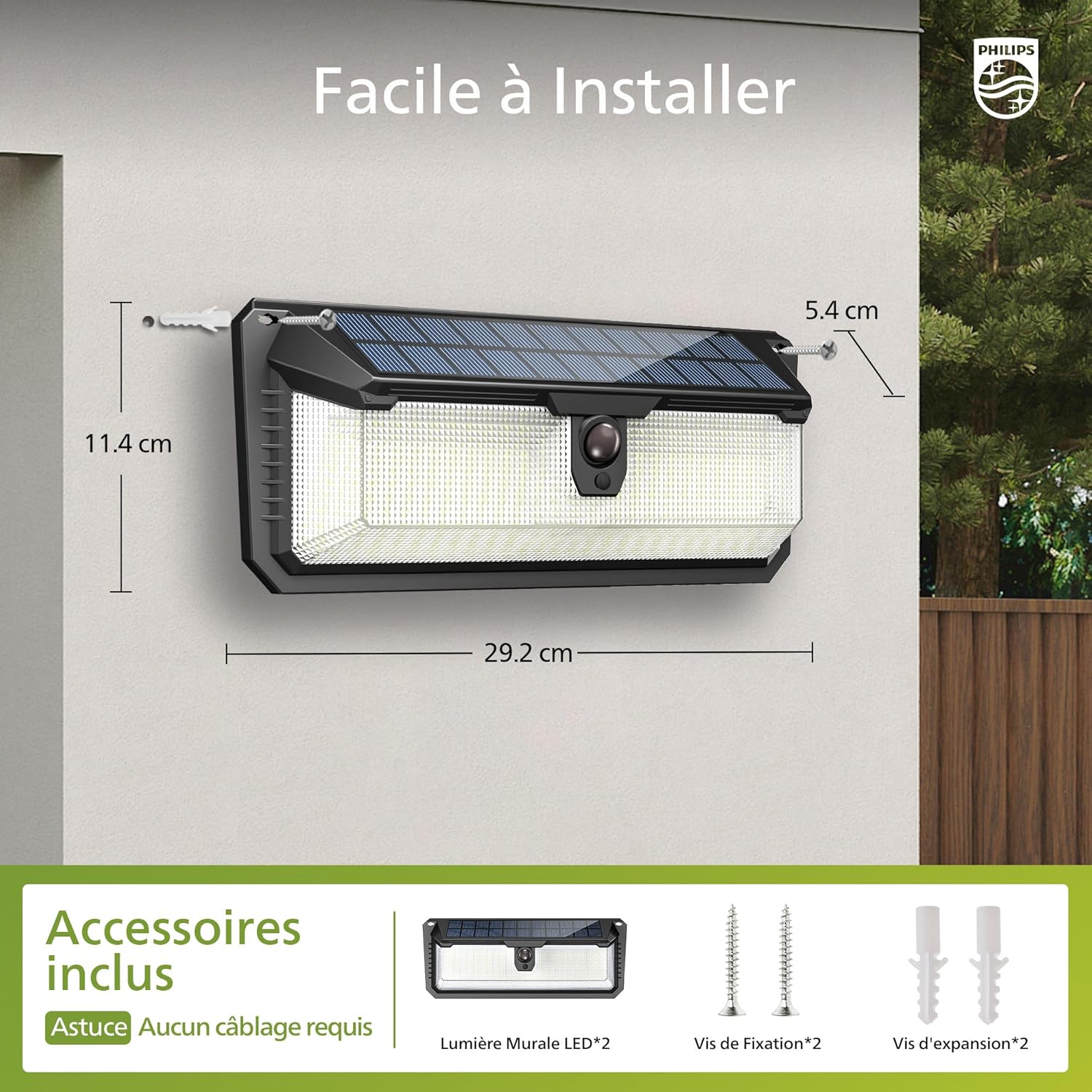 Thumbnail 2 de Philips Lampe Solaire Extérieur avec Détecteur (258 LED, 3 modes, étanche) – Lot de 2 pour jardin, clôture et garage