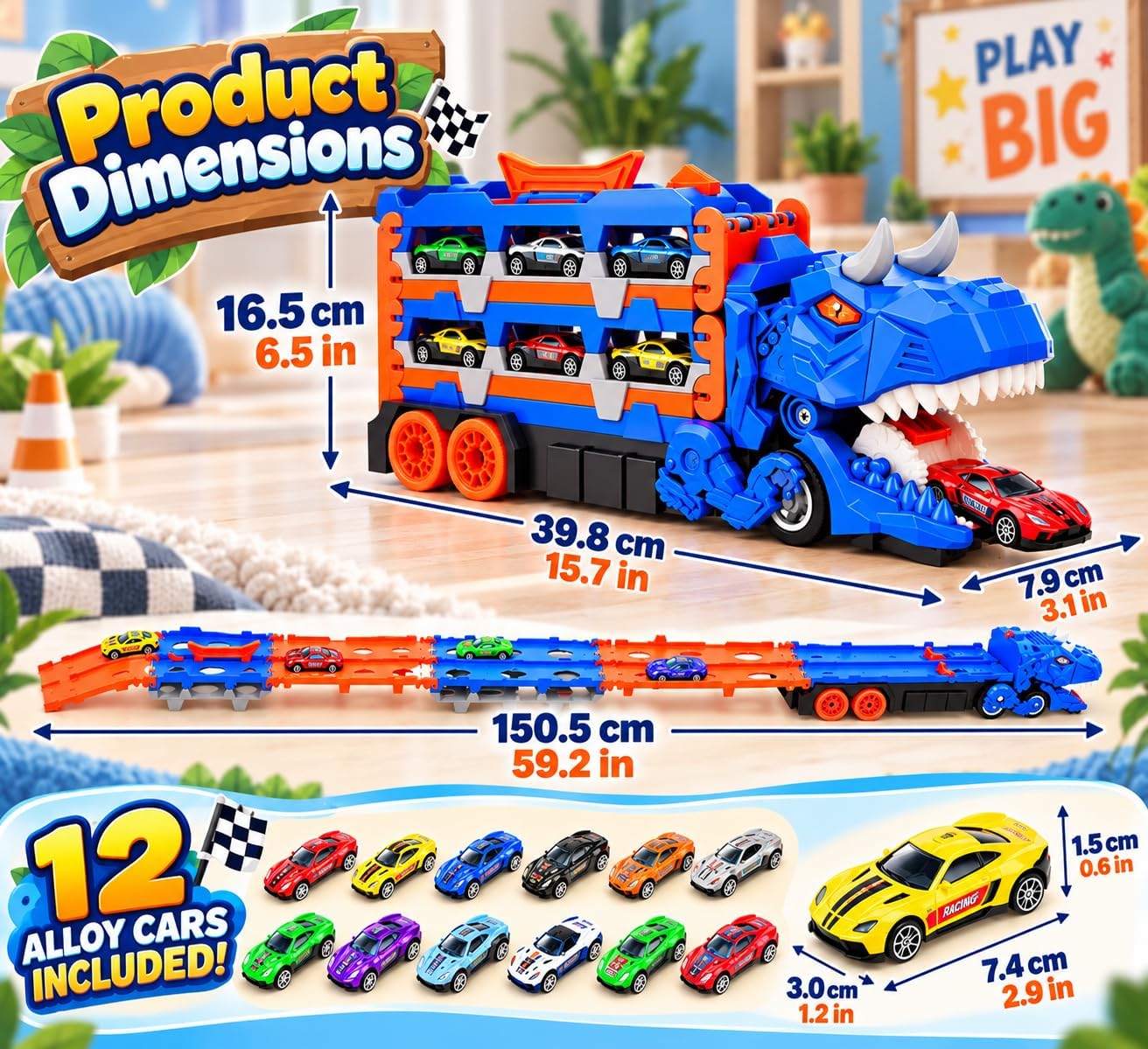 Detalle de TocsQron YM333-1 Dinosaur Race Track Toy with 12 Cars and 150cm Dual Track