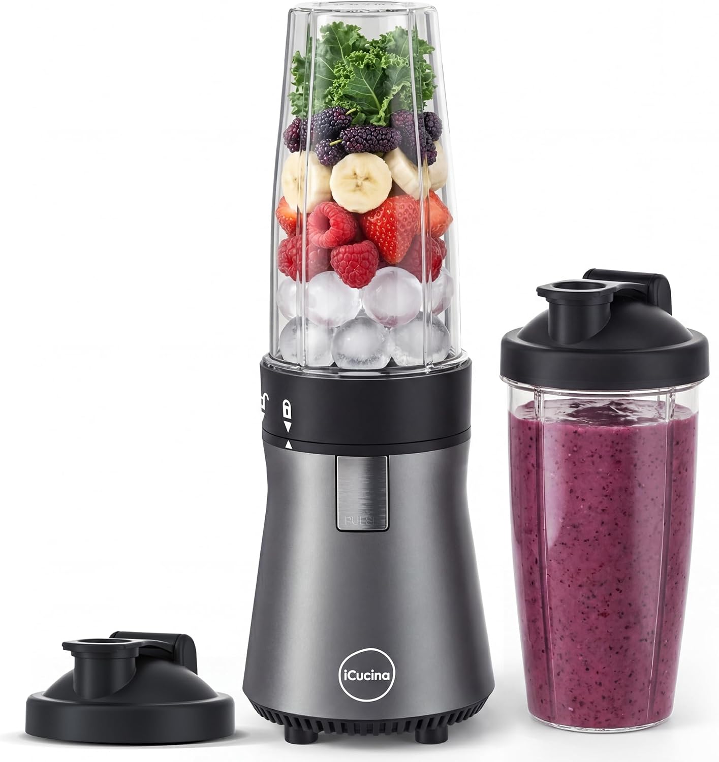 Detalle de iCucina Smoothie Blender (700W Pulse Technology) with 2 x 28oz Portable Cups for Smoothies