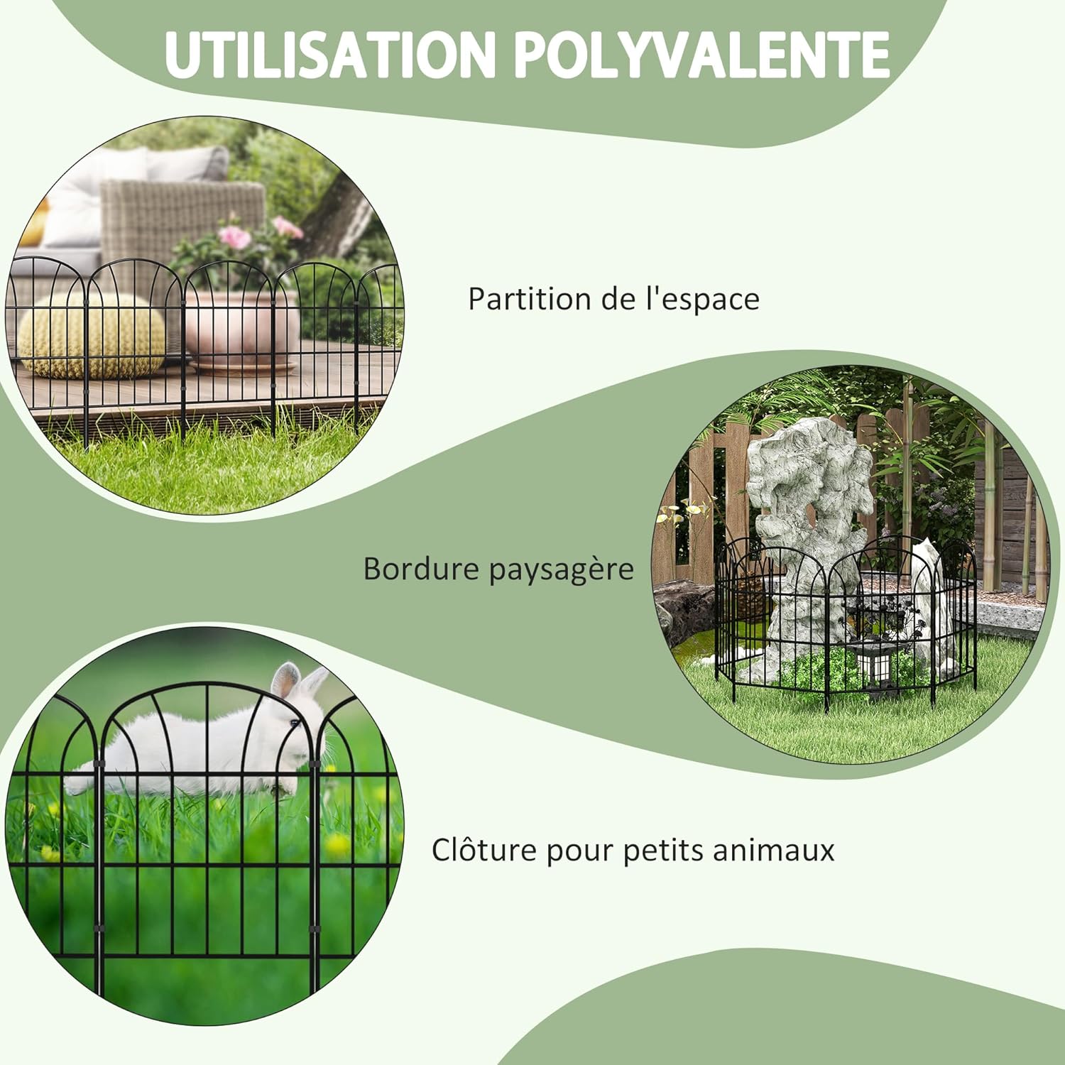 Thumbnail 4 de Outsunny Lot de 8 clôtures décoratives en métal noir – bordures de jardin modulables 264 x 61 cm