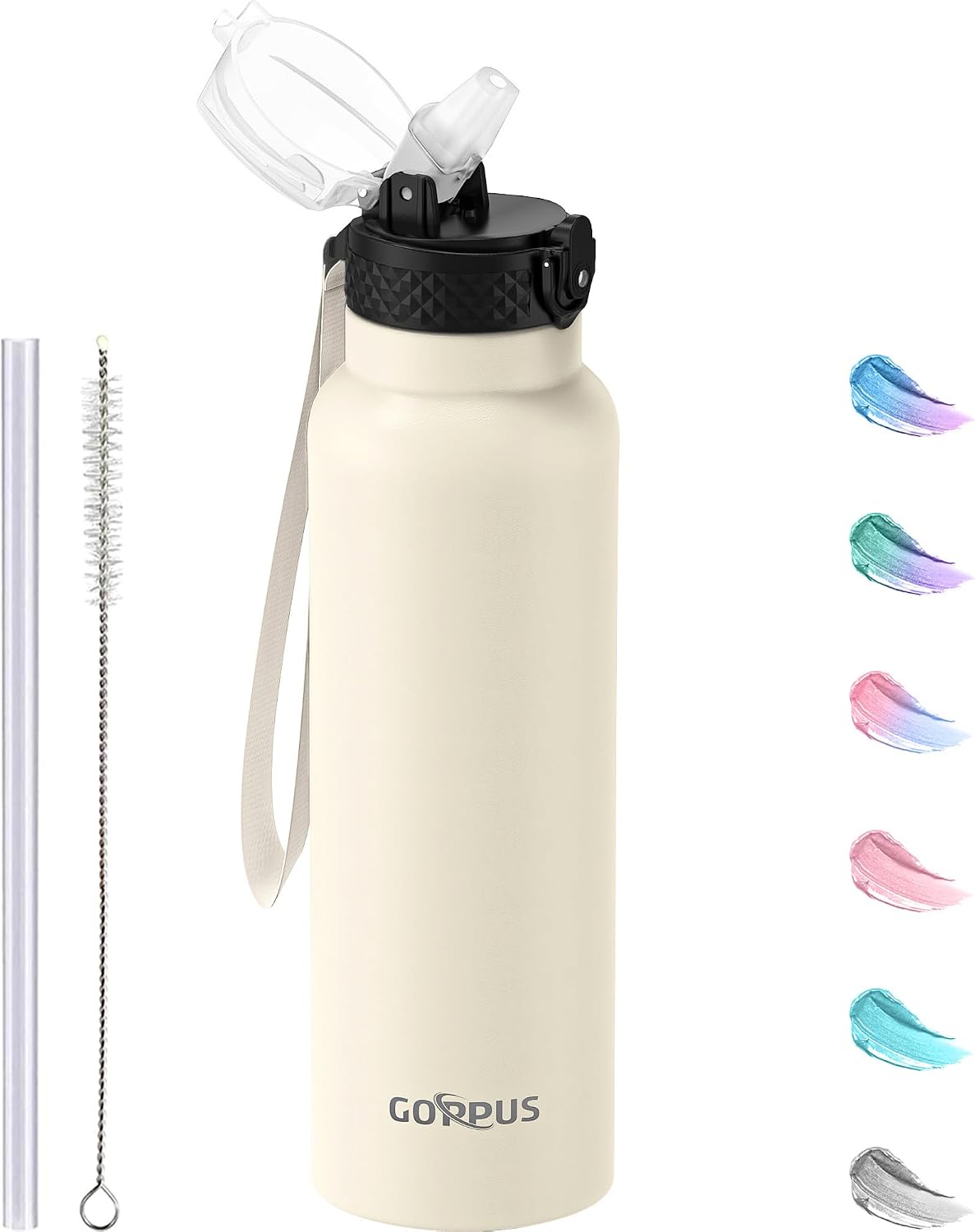 Detalle de GOPPUS 750ml Stainless Steel Water Bottle with Straw – Double Wall Vacuum Insulated, Leakproof Flip Top Lid, Strap