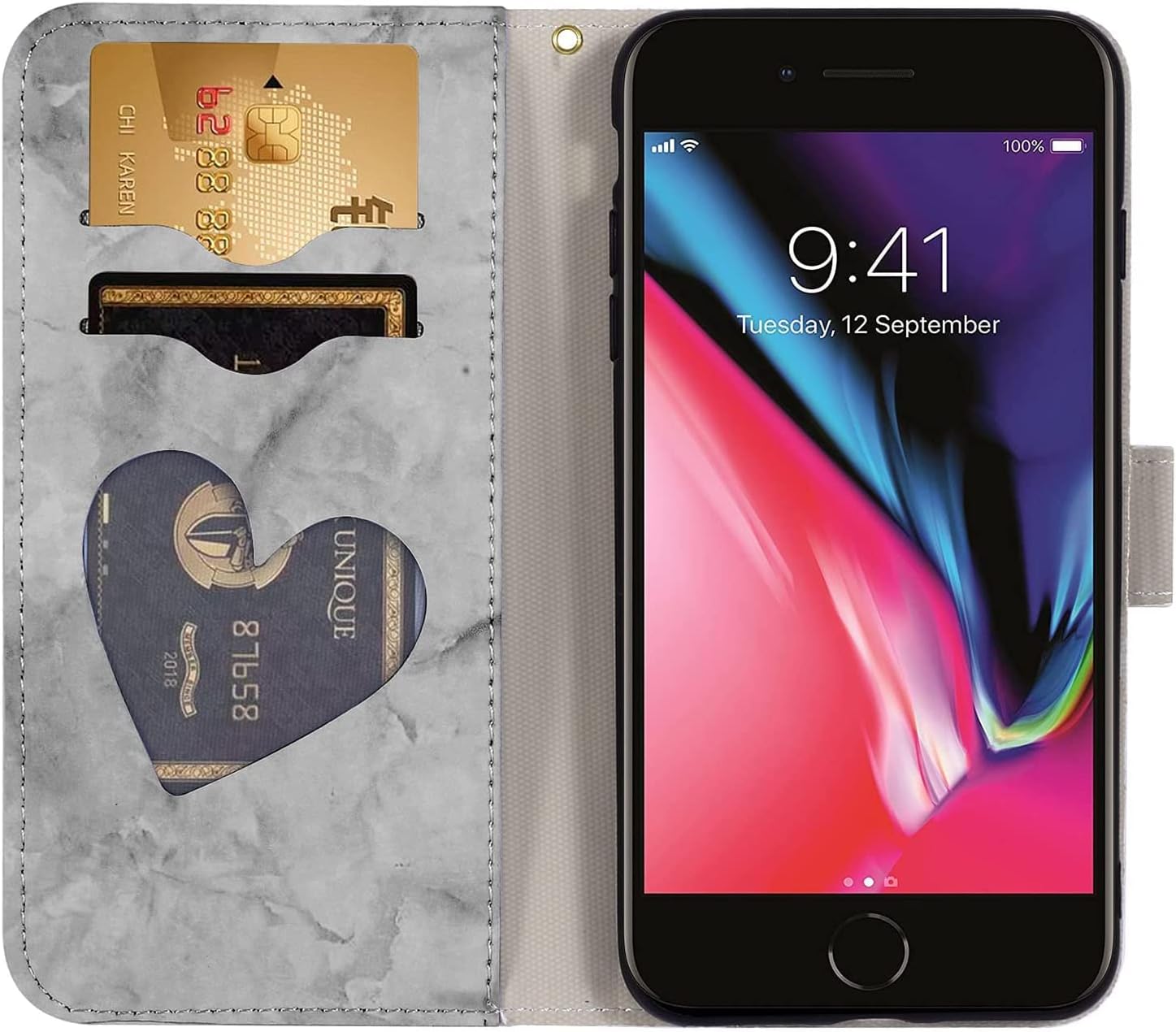 Detalle de Norn Wallet Case for iPhone 7/8/SE (2020/2022): Embossed Love Heart Floral, PU Leather, Magnetic Closure