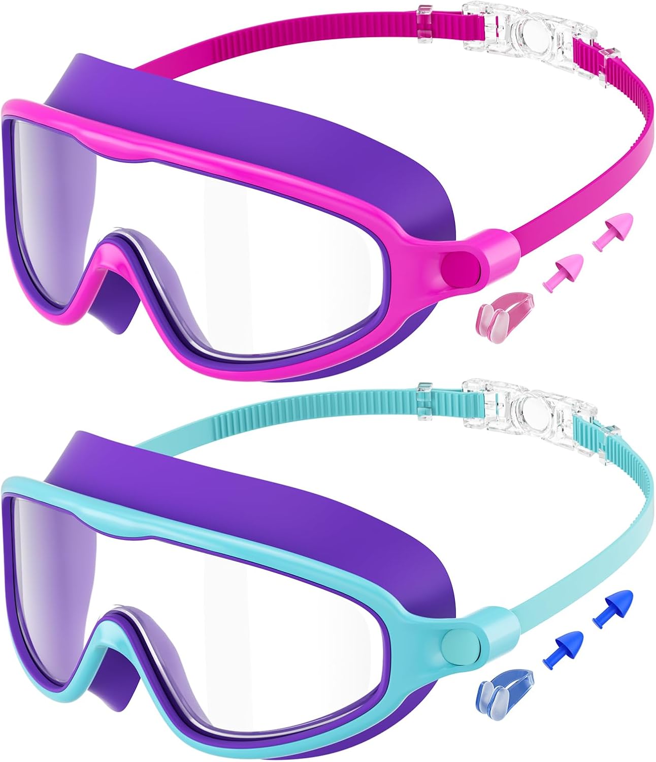 Senders 2 Pack Kids Swimming Goggles with 180° Wide Vision, Anti-Fog, UV Protection and Accessories