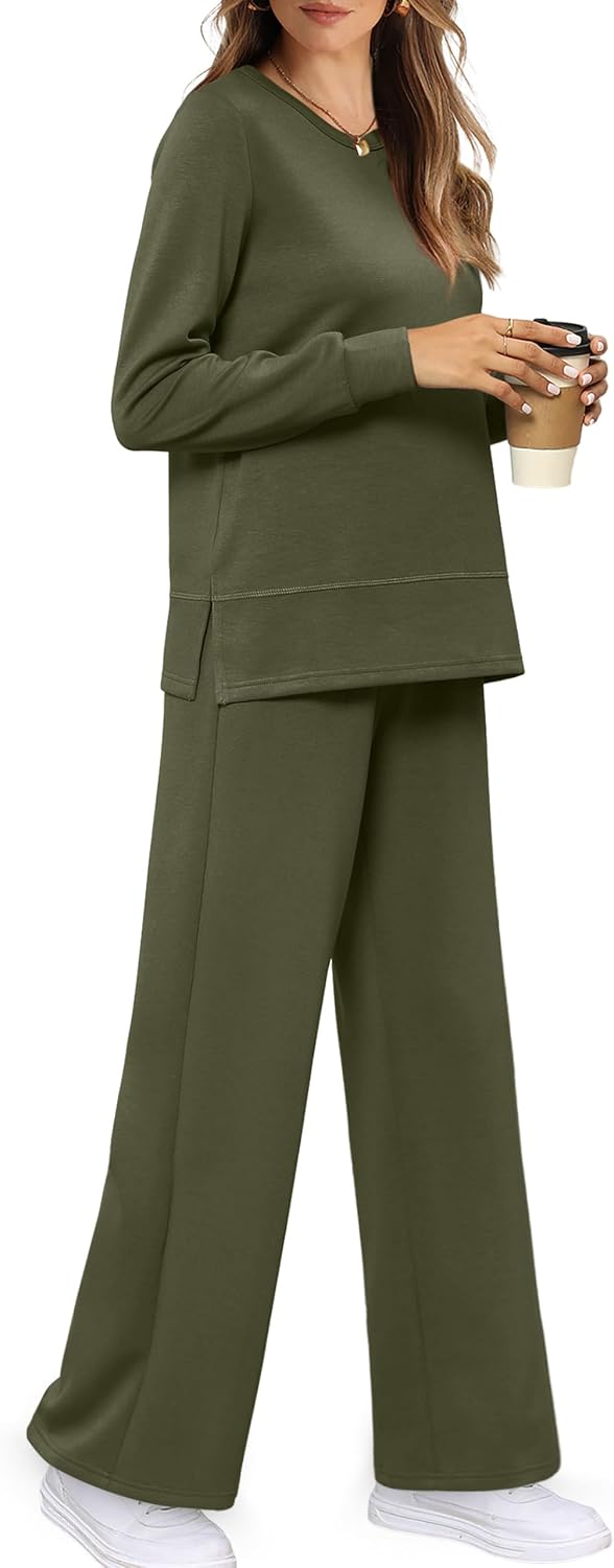 Detalle de WIHOLL Women’s 2-Piece Lounge Set Sweatshirt & Wide-Leg Pants for Travel and Everyday Comfort