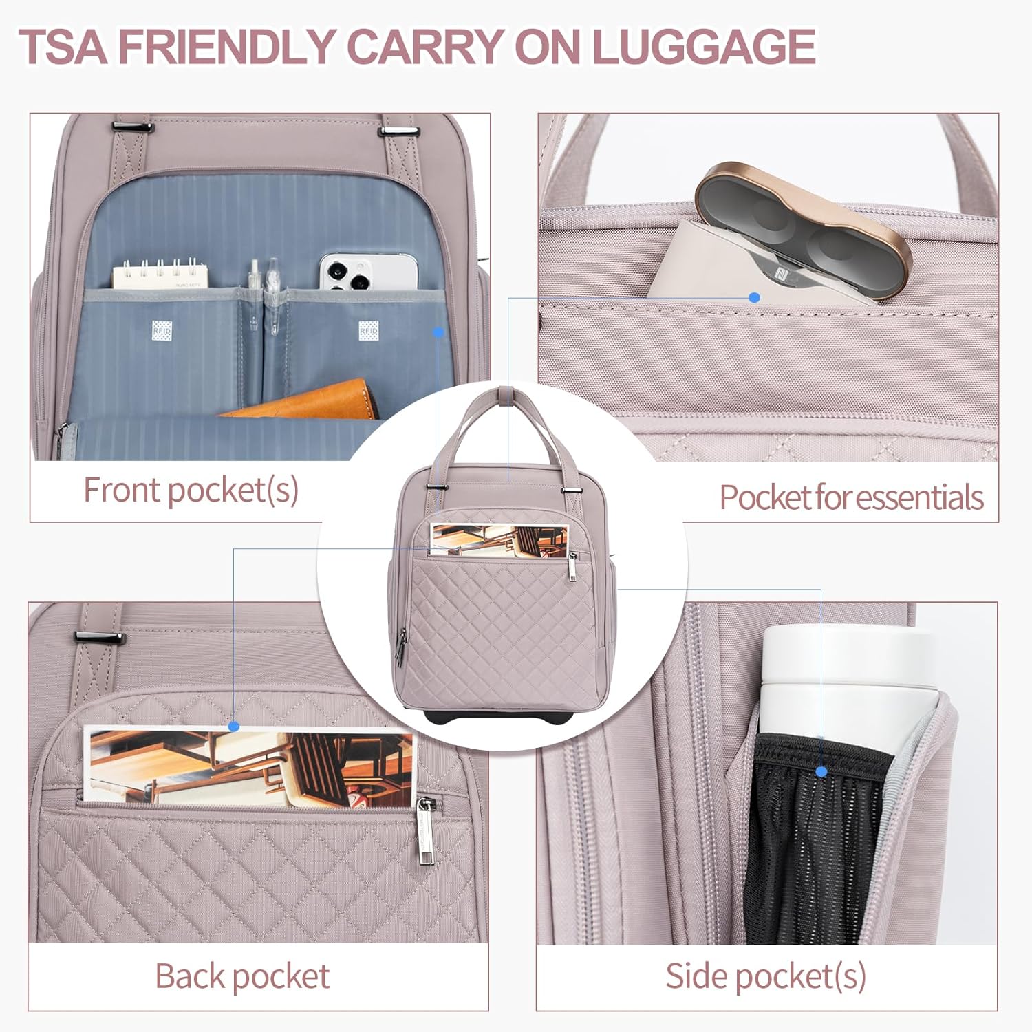 Detalle de EMPSIGN Handgepäcktasche mit Rädern unter dem Sitz (40,6 cm) – Dusty Pink