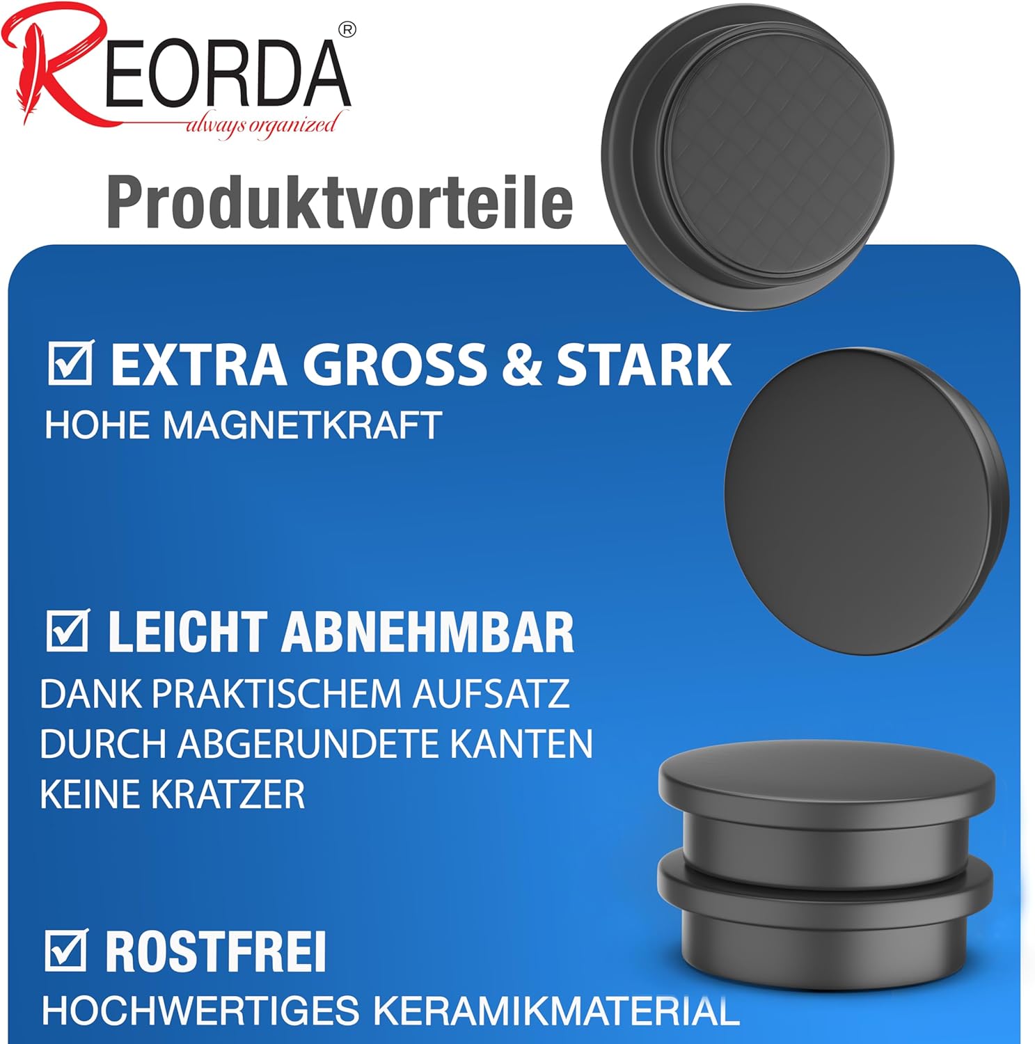 Detalle de REORDA Magnet stark – 60 Stück, Ø30 mm, 8 mm stark, rund, schwarz, rostfrei