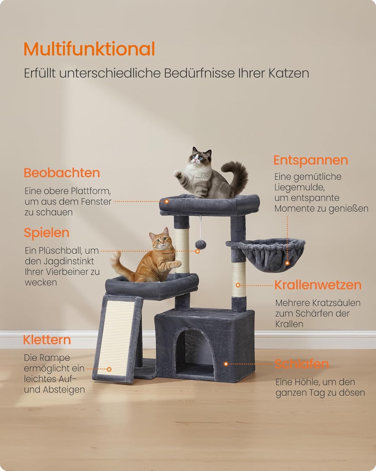 Detalle de Feandrea Kratzbaum – Katzenbaum mit Kratzsäulen, Rampe und Höhle (85,8 cm, dunkelgrau)