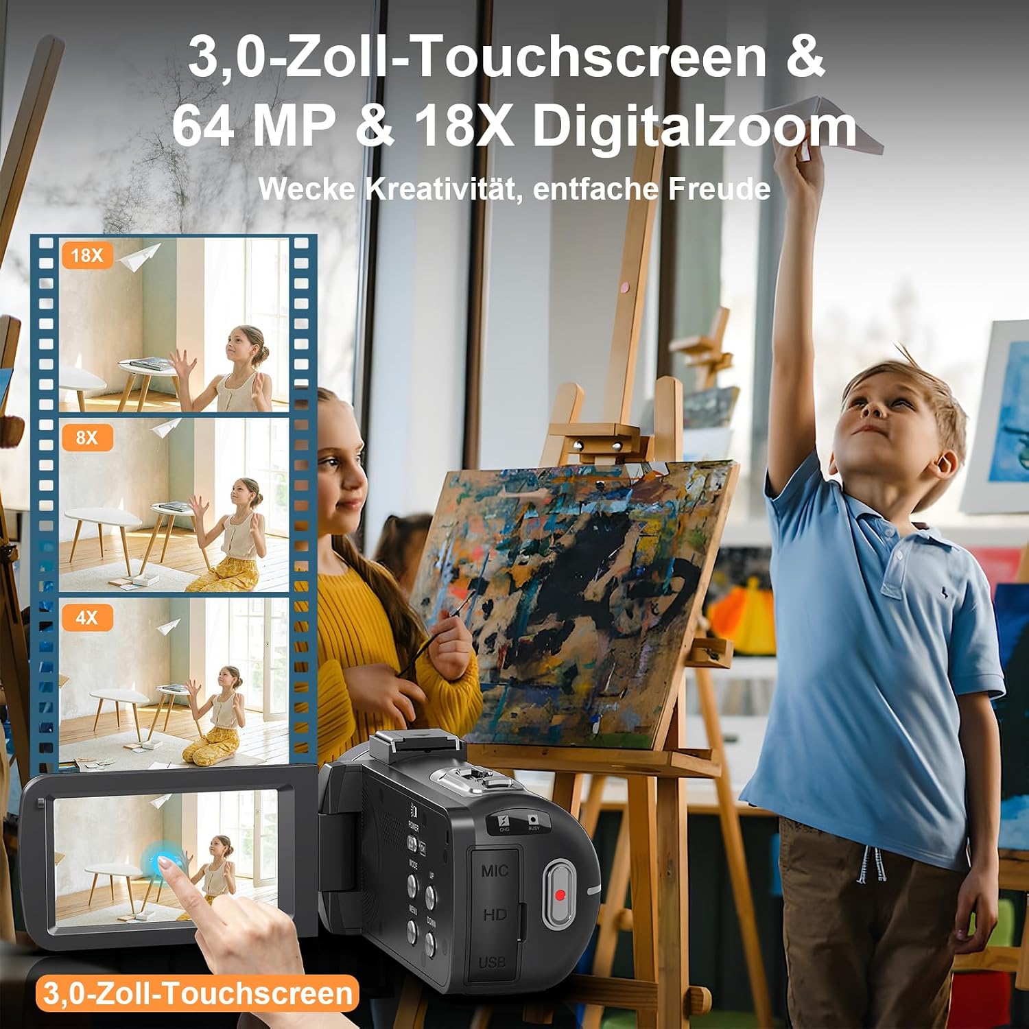 Detalle de Videokamera Camcorder 8K 64MP WiFi mit IR-Nachtsicht, 18x Zoom, Vlogging-Kamera – inkl. 64GB SD, 2 Akkus, Mikrofon & Fernbedienung
