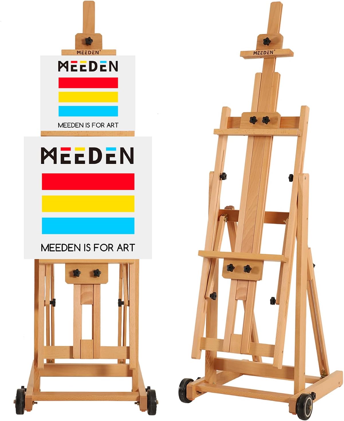 Detalle de MEEDEN W14 H-Frame Studio Easel, Adjustable Beech Wood with Tilting Angle and Wheels