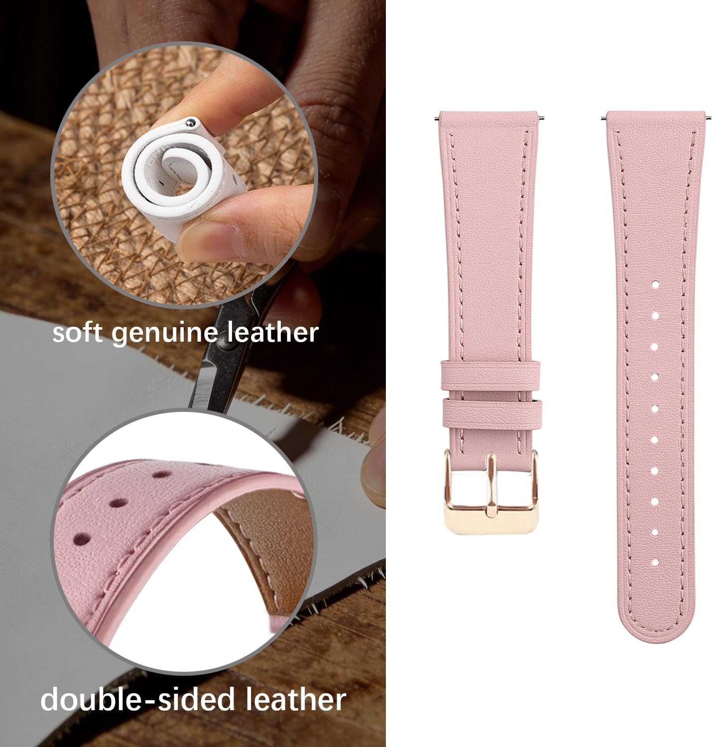 Detalle 2 de Bracelet cuir 20 mm NEMUALL avec fermoir or rosé pour Huawei Watch GT 3/GT 2, Honor Magic Watch 2 & Galaxy Watch (bracelet de remplacement)