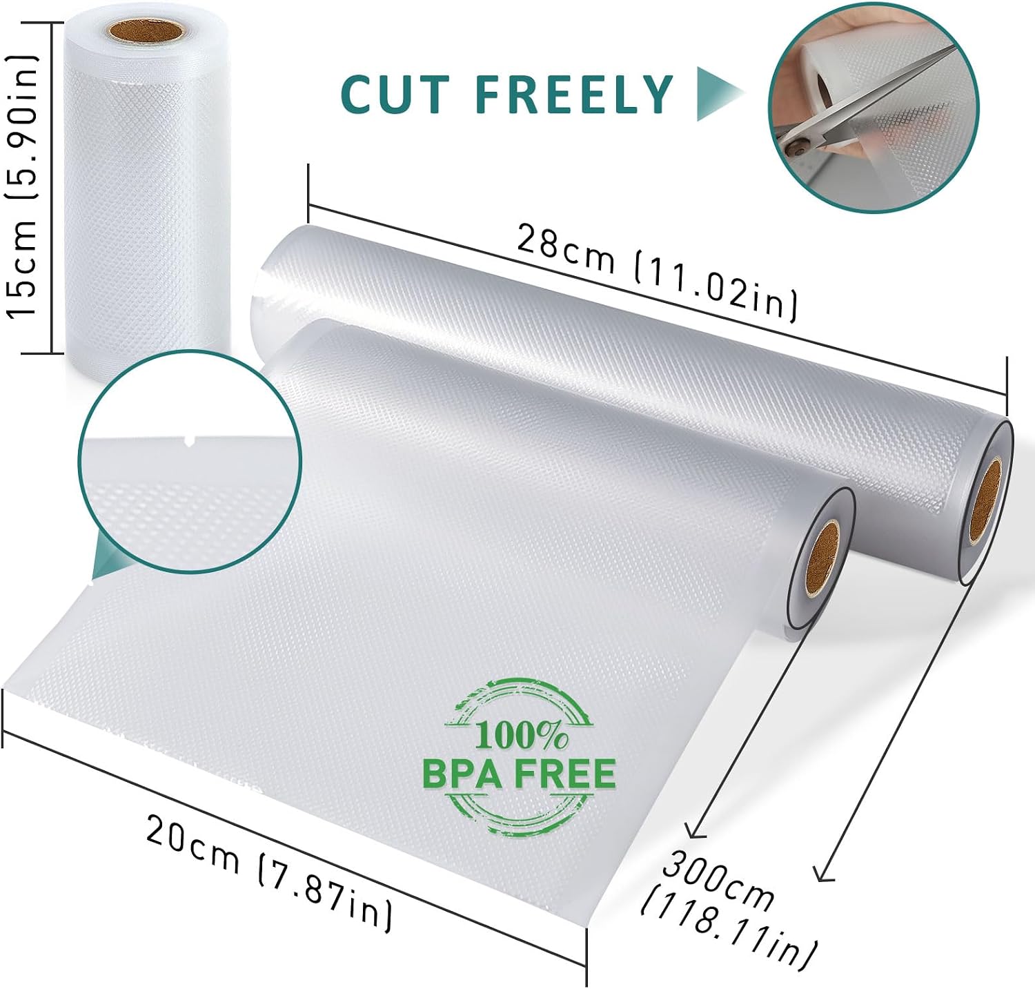 Detalle de YISH Sacchetti Sottovuoto per Alimenti: 3 rotoli 15/20/28 cm (BPA free, per macchina e sous vide)