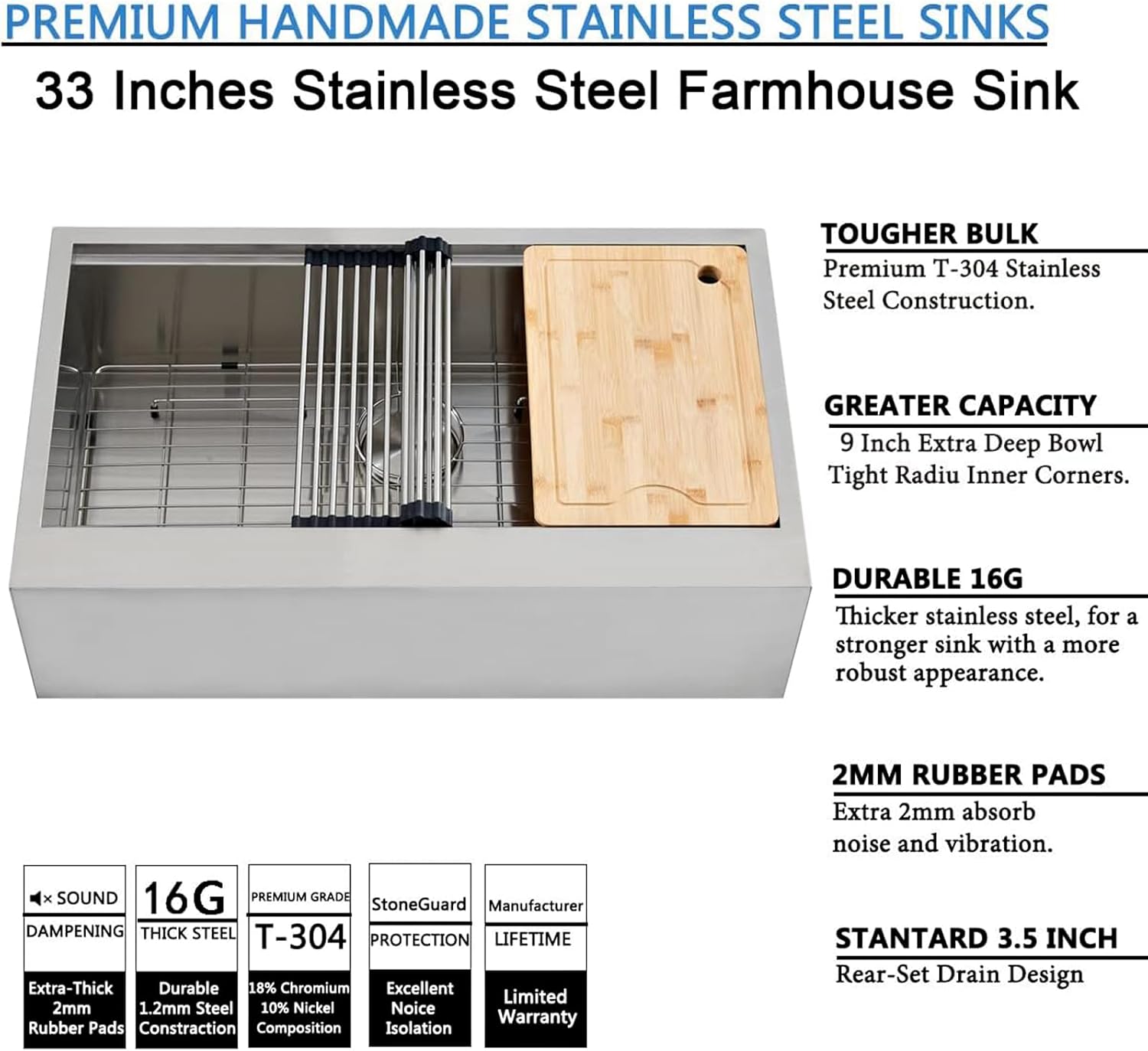 Detalle 2 de SHACO 33" Stainless Steel Farmhouse Sink 🪣
