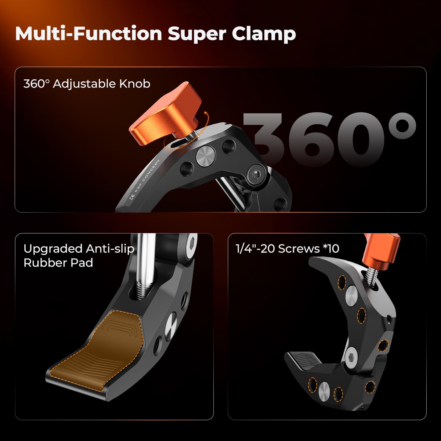 Detalle de K&F CONCEPT 2-Pack Super Clamp with 1/4" Threads (60mm max opening) for round pipes, rails and photo accessories