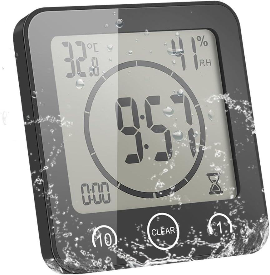 Detalle de ALLOMN badkamerklok met lcd-scherm, IP24, countdown-timer en temperatuurweergave