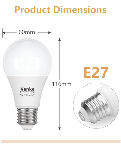 Detalle de Vanke E27 Screw Bulb 9W (60W Equivalent) – Warm White 2700K, Pack of 6