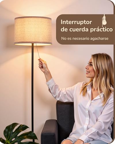 Detalle de EDISHINE Lámpara de Pie Salón con Pantalla de Lino y Luz 2700 K — Negro