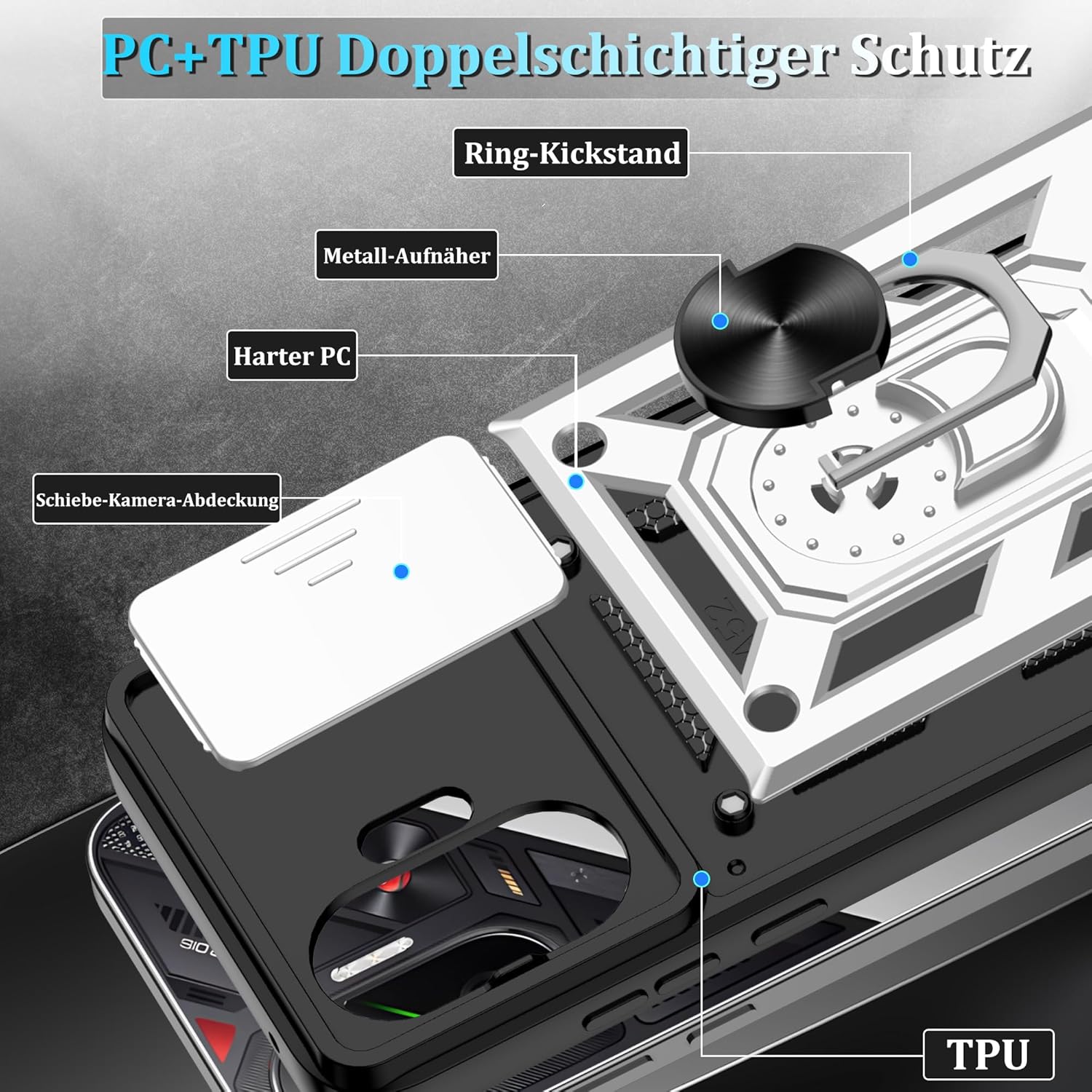 Detalle de Jshru Hülle für Xiaomi Poco F7 – Militärischer Schutz, slide Kameraschutz und 360° Ringständer (Silbrig)