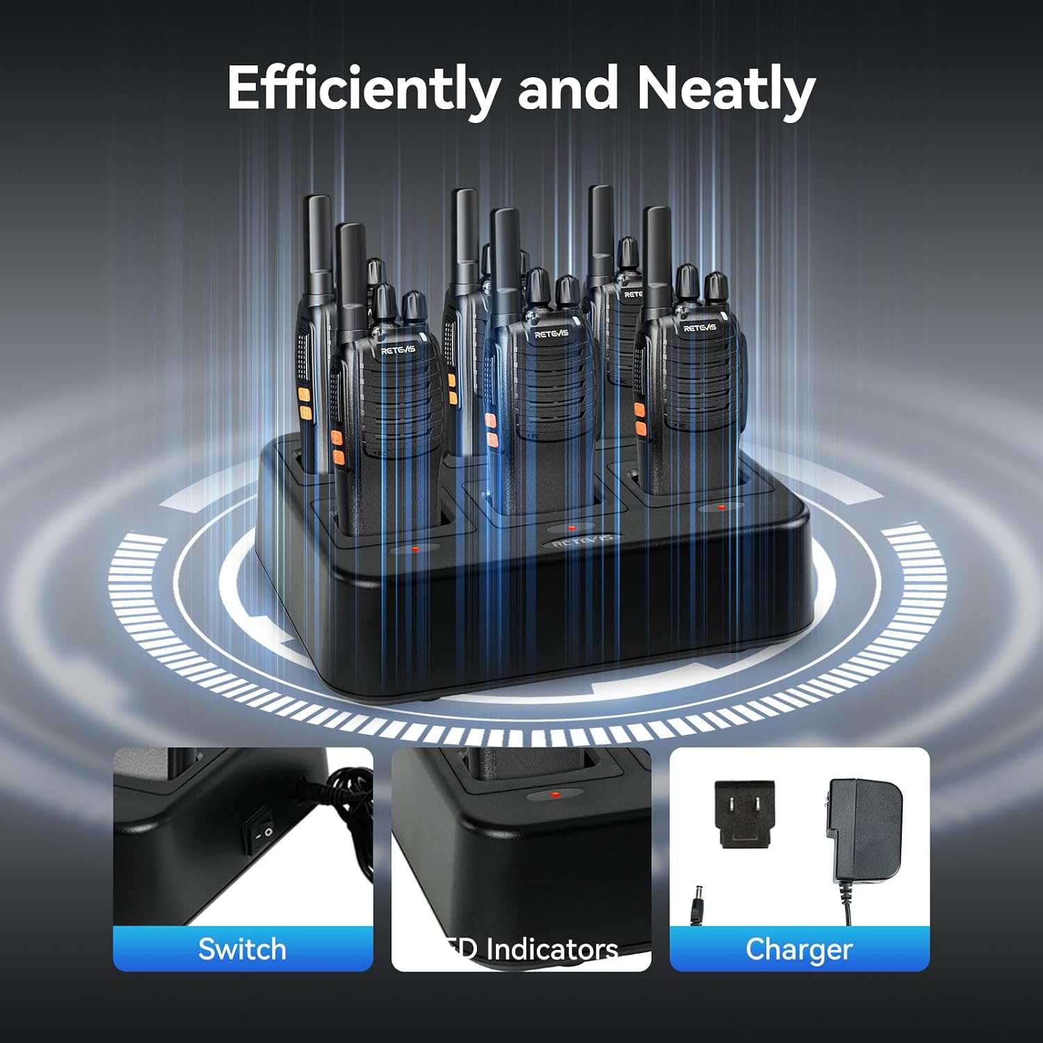 Detalle 2 de Retevis H-777 FRS Walkie-Talkies, 6-Pack with USB-C and Six-Way Charger