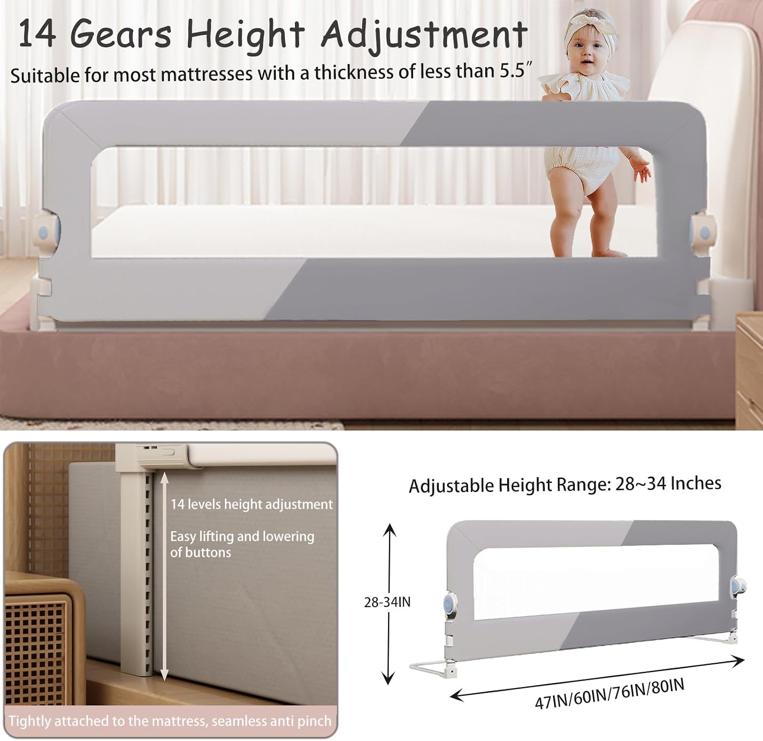 Thumbnail 2 de EAQ BEDRAIL Foldable Toddler Bed Rail, Adjustable Height, Grey Alloy Steel