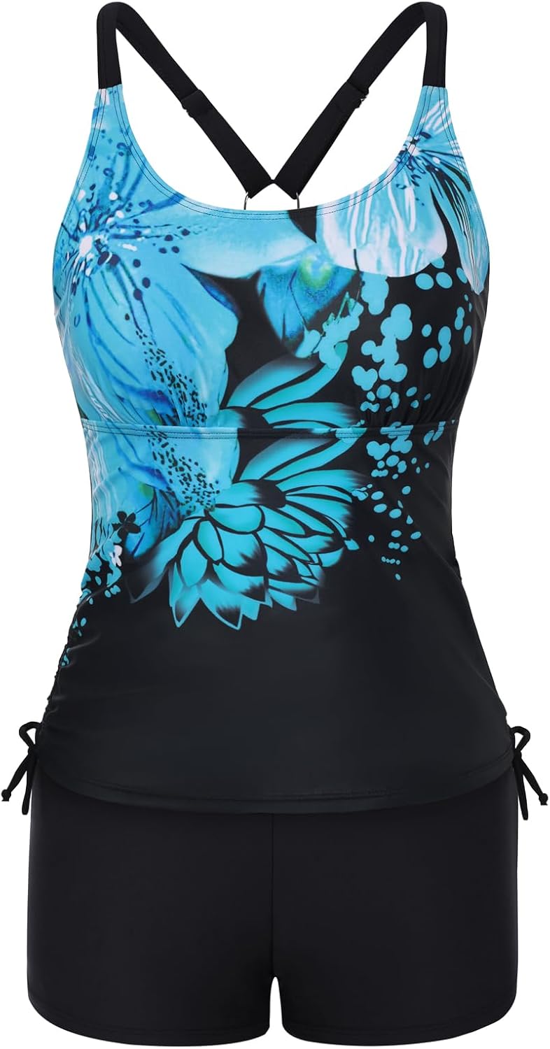 Detalle de JASAMBAC Women's Strappy Tankini Swimsuits – Floral Two-Piece with Adjustable Details