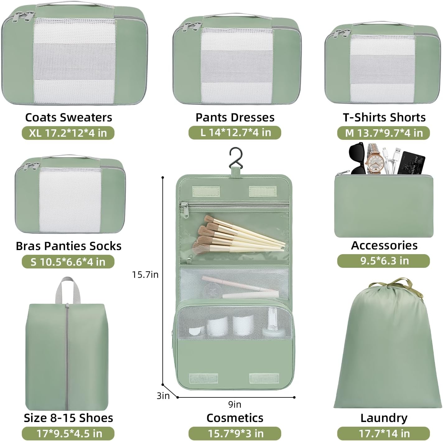 Thumbnail 1 de BAGAIL 8‑Piece Packing Cubes Set – Matcha Green