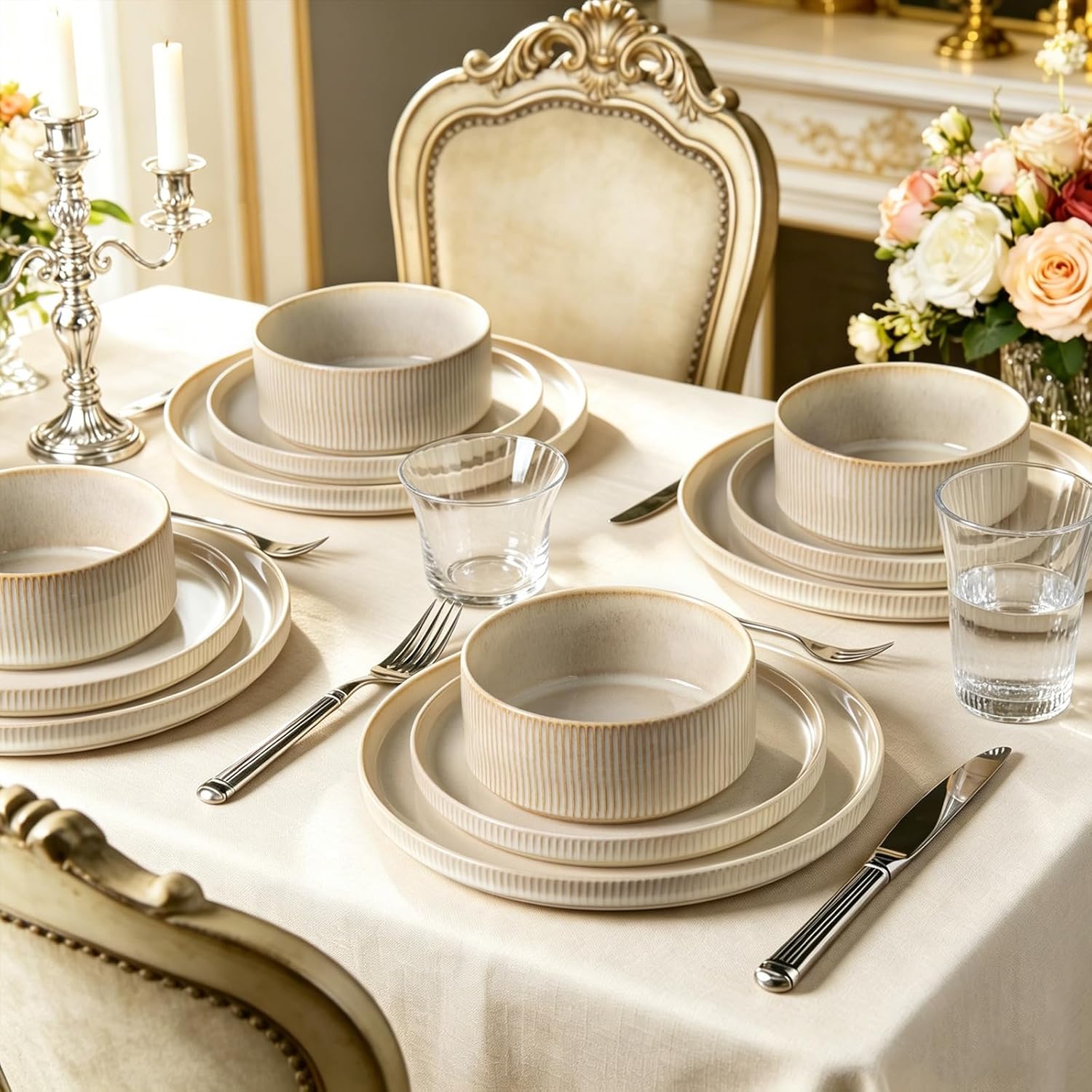 Thumbnail 1 de ALOFMO Stoneware Dinnerware Sets — 12-Piece Ribbed Dinnerware for 4 in Beige