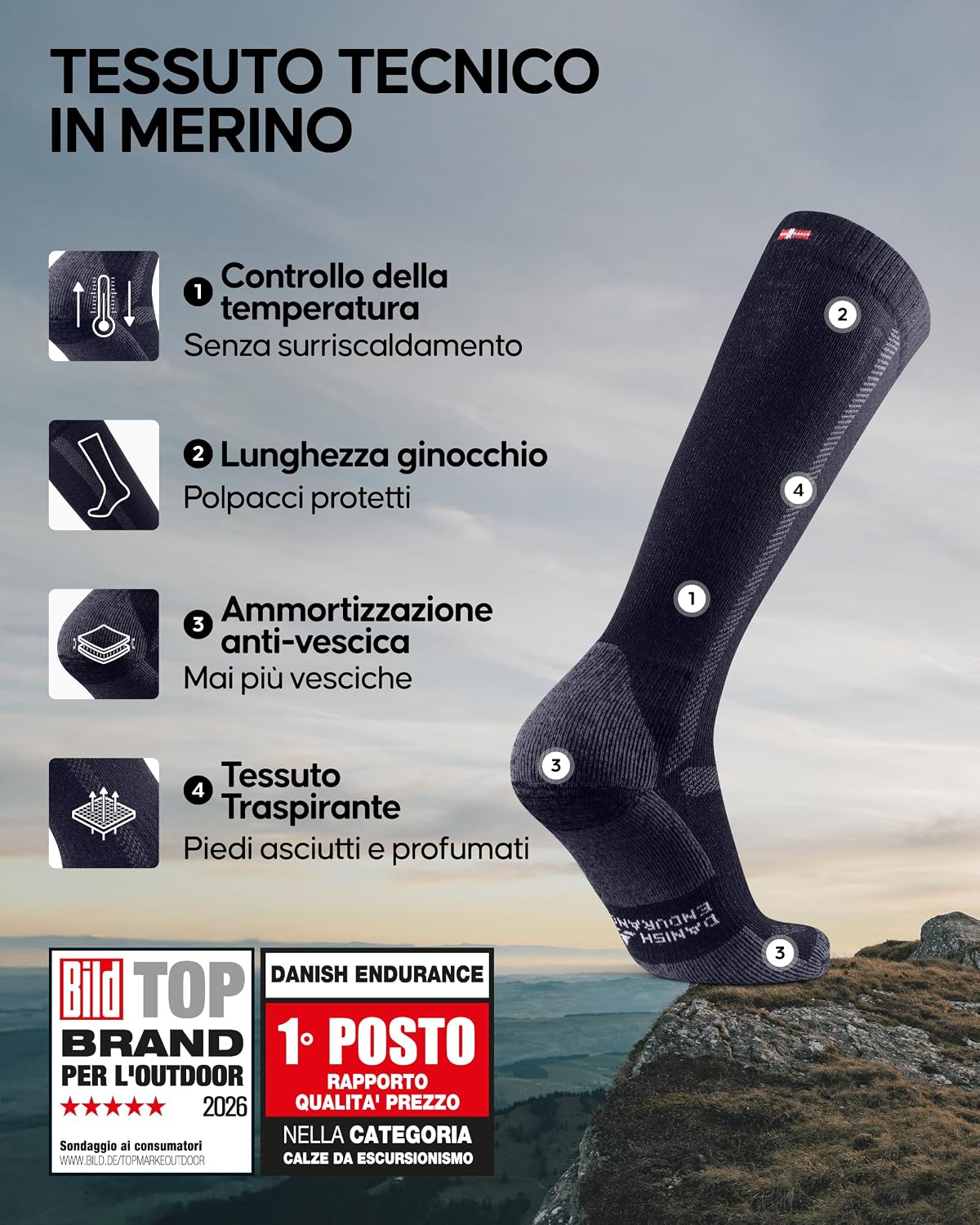 Detalle 2 de DANISH ENDURANCE Calze lunghe da trekking in lana Merino anti-vesciche (uomo e donna), 1 o 3 paia