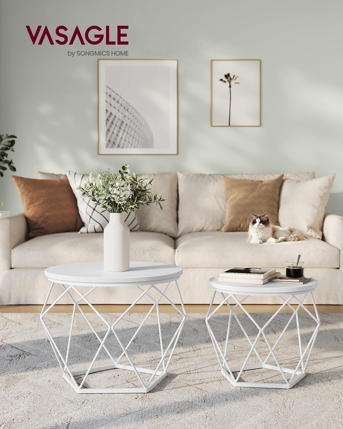 Thumbnail 1 de VASAGLE Couchtisch rund im 2er-Set (schneeweiß-wolkenweiß) LET040W46 – modern mit abnehmbarer Tischplatte