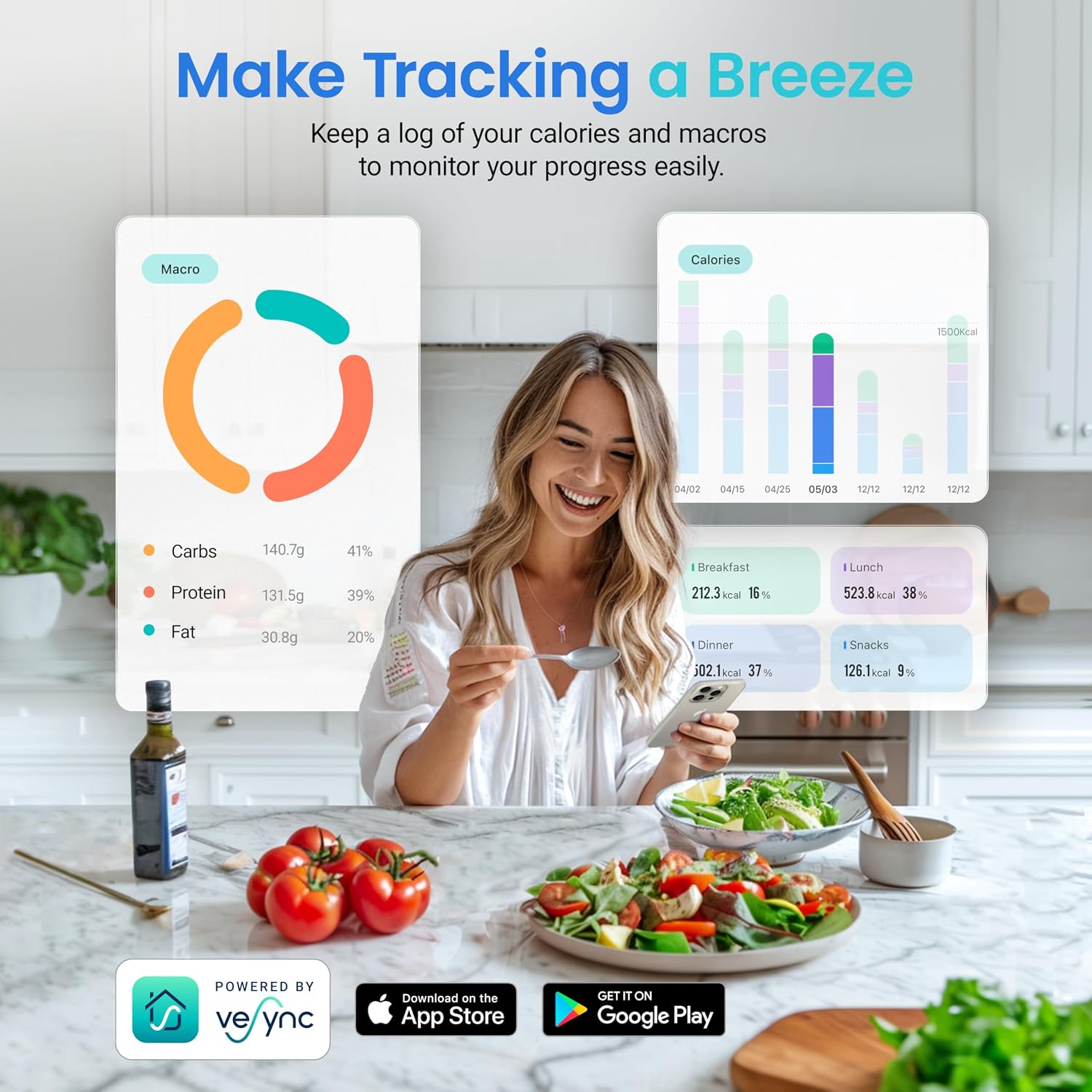 Detalle de COSORI Smart Kitchen Food Scales with app tracking (Vesync) and LCD nutrition display