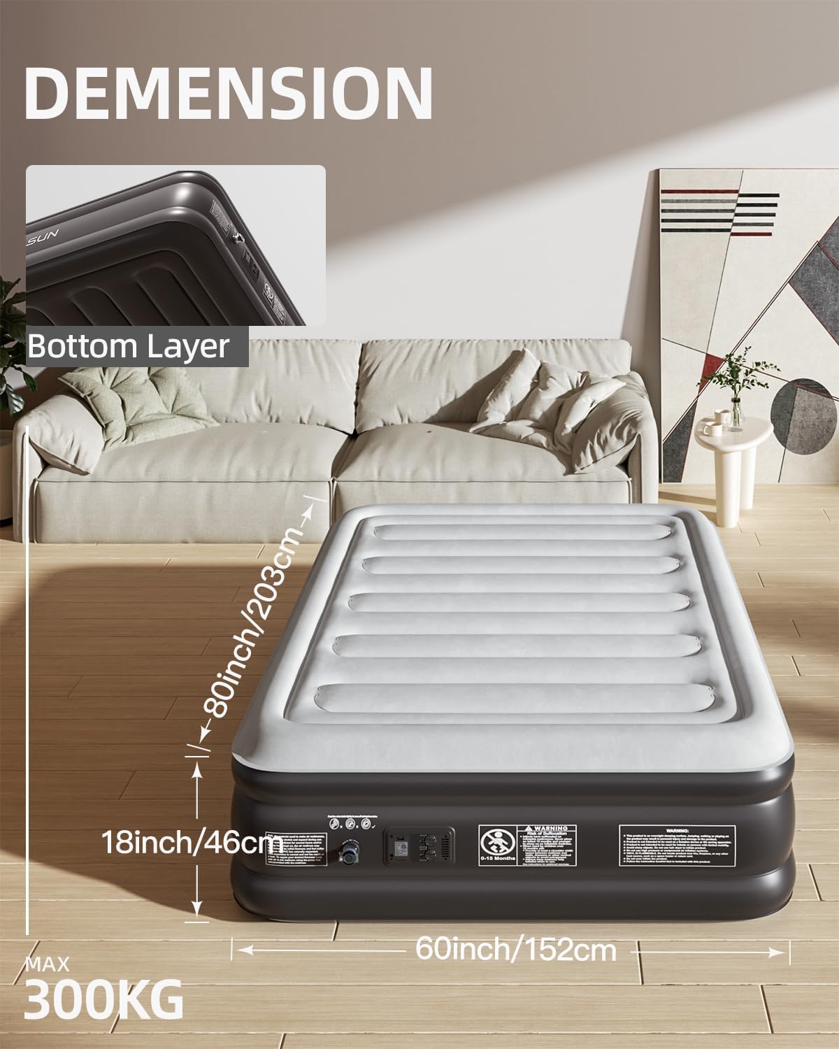 Detalle 2 de CHILLSUN Luxury Inflatable Mattress (Double/King) with Built-in Electric Pump, King Size 203 x 152 x 46 cm