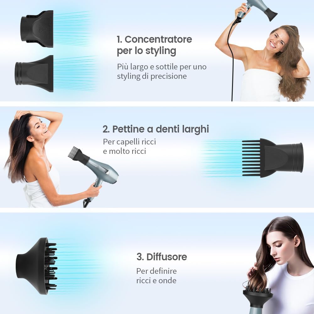 Detalle de Phon Capelli Professionale BANNILU Asciugacapelli lisci con Windflow WINDPRO – 3 calori, 2 velocità, diffusore + 2 ugelli (Blu)
