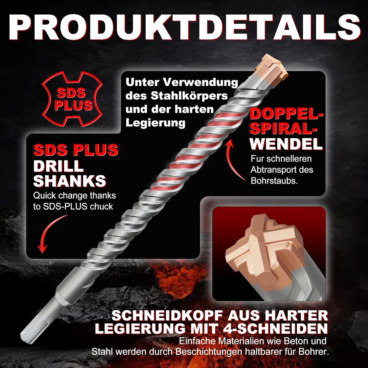 Thumbnail 3 de METOTY SDS-Plus Betonbohrer 12 mm × 210 mm mit 4 Hartmetallschneiden