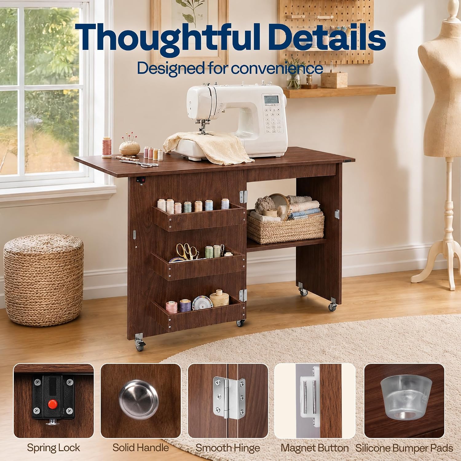 Detalle de VIVOHOME VH1080-WA Folding Sewing Table with Storage, Walnut