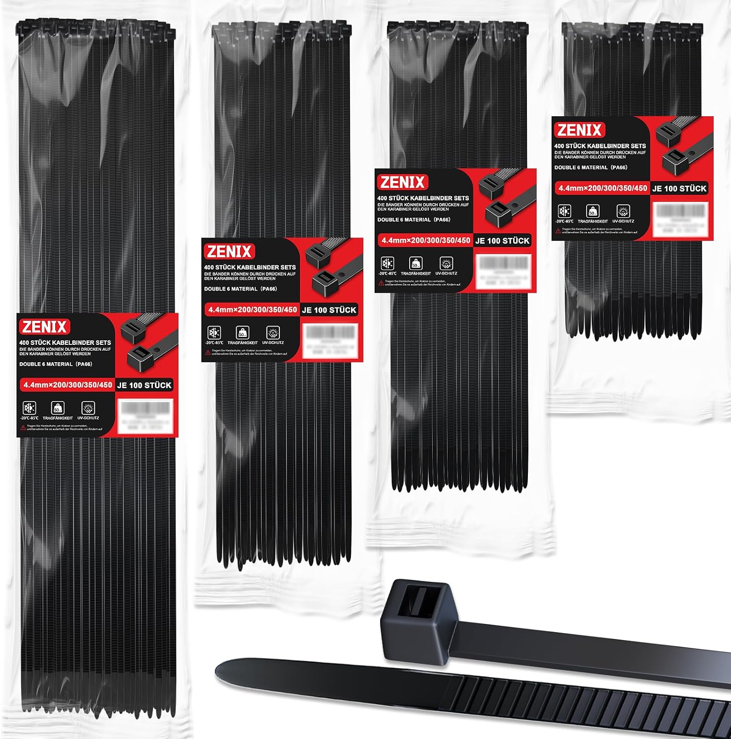 ZENIX Profi-Kabelbinder Set 400 Stück – 200/300/350/450 mm, UV-beständig, 28 kg Zugfestigkeit