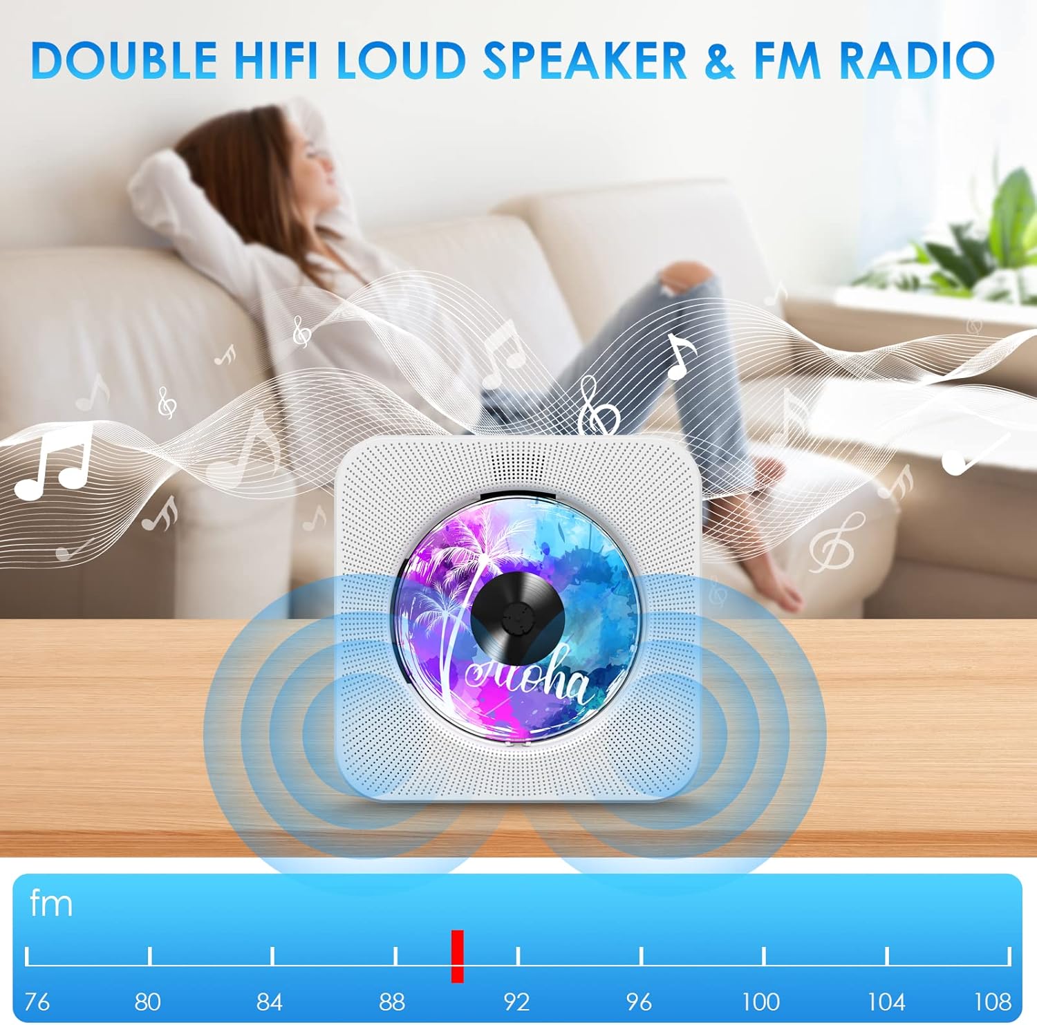 Detalle de Gueray Lettore CD portatile con Bluetooth e altoparlanti Hi‑Fi, radio FM e telecomando