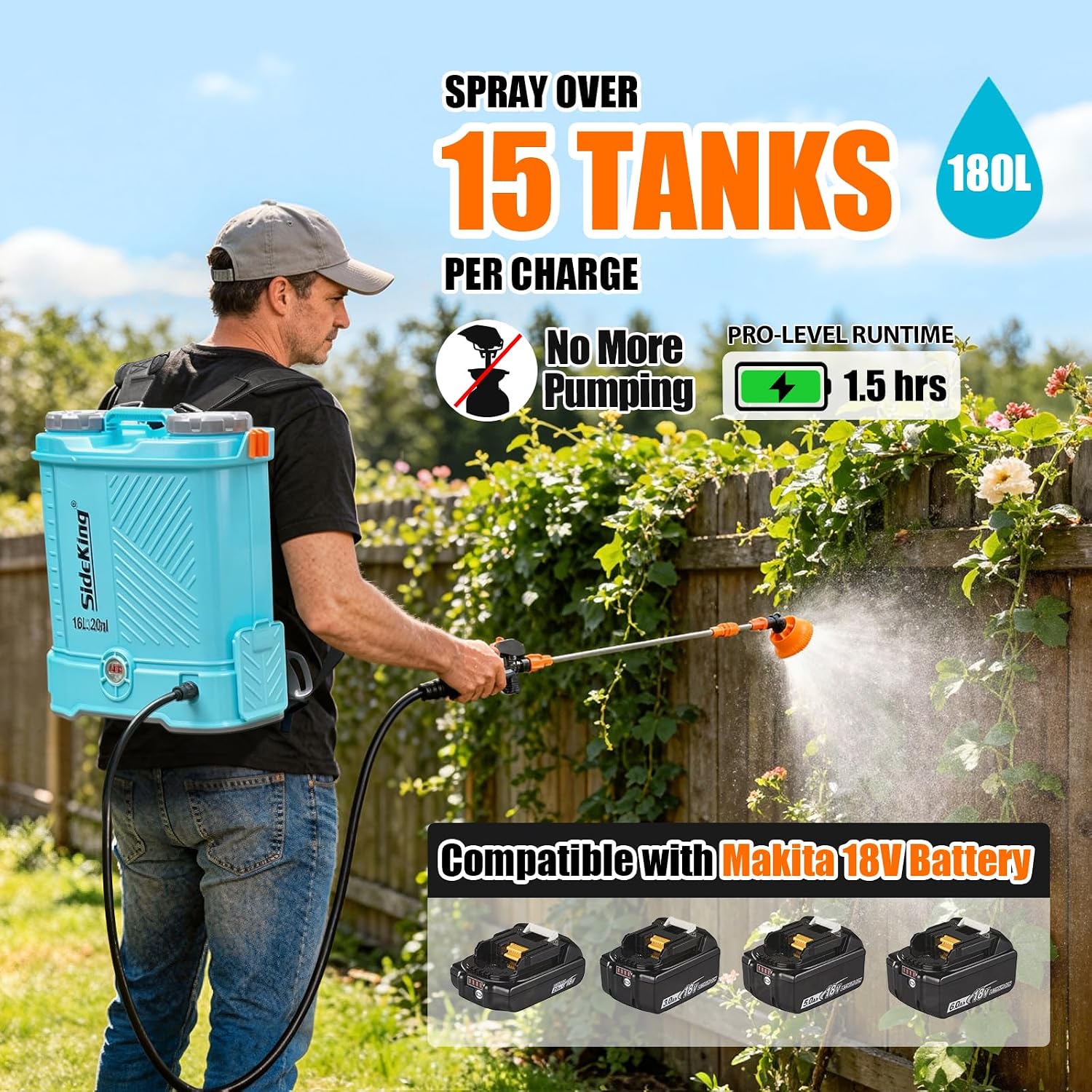 Thumbnail 1 de SideKing Knapsack Sprayer 12L (Electric) with Makita 18V compatibility, telescopic wand, 5 nozzles, 80 PSI