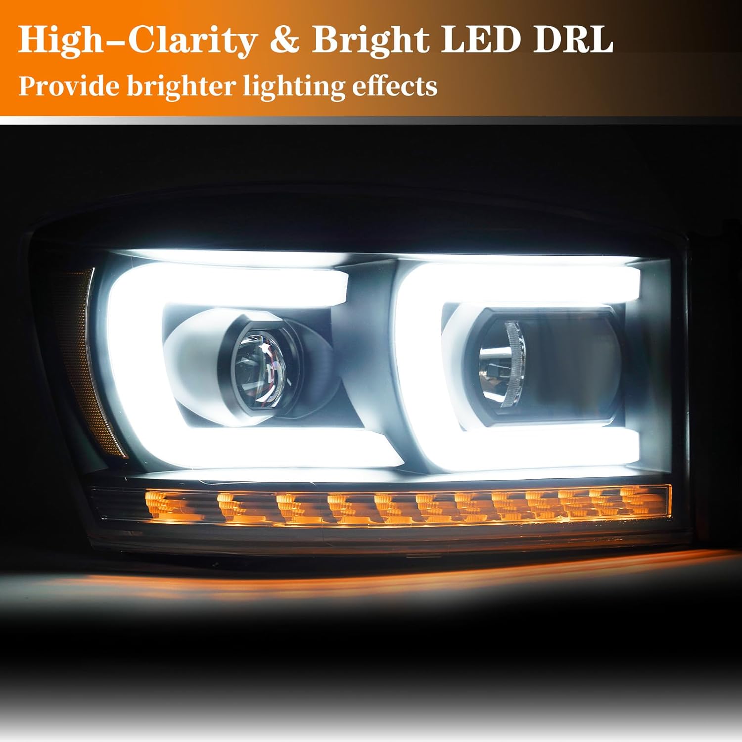 Thumbnail 1 de DimFlux LED DRL Headlights for Dodge Ram 1500 (2006-2008) and Ram 2500/3500 (2006-2009) — Black Housing, Amber Reflector