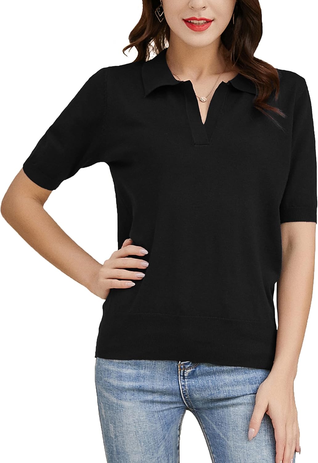 Thumbnail 6 de Kate Kasin Women’s Short Sleeve Polo Sweater (V-Neck Ribbed Knit Pullover)