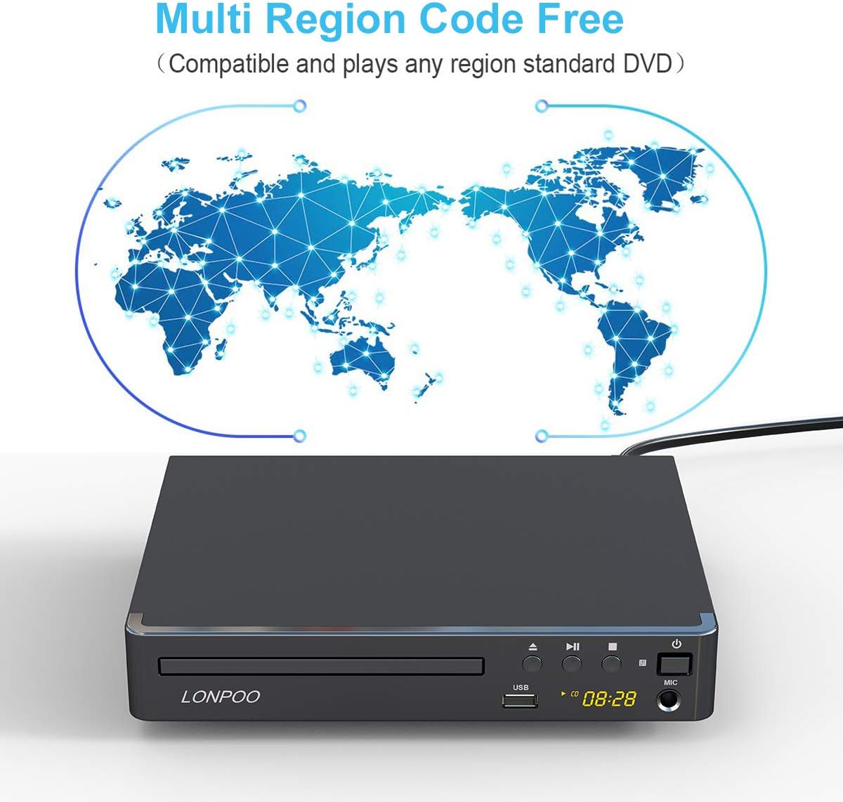 Detalle de LONPOO LP-099 lettore DVD multizona “region free” con HDMI, USB e telecomando