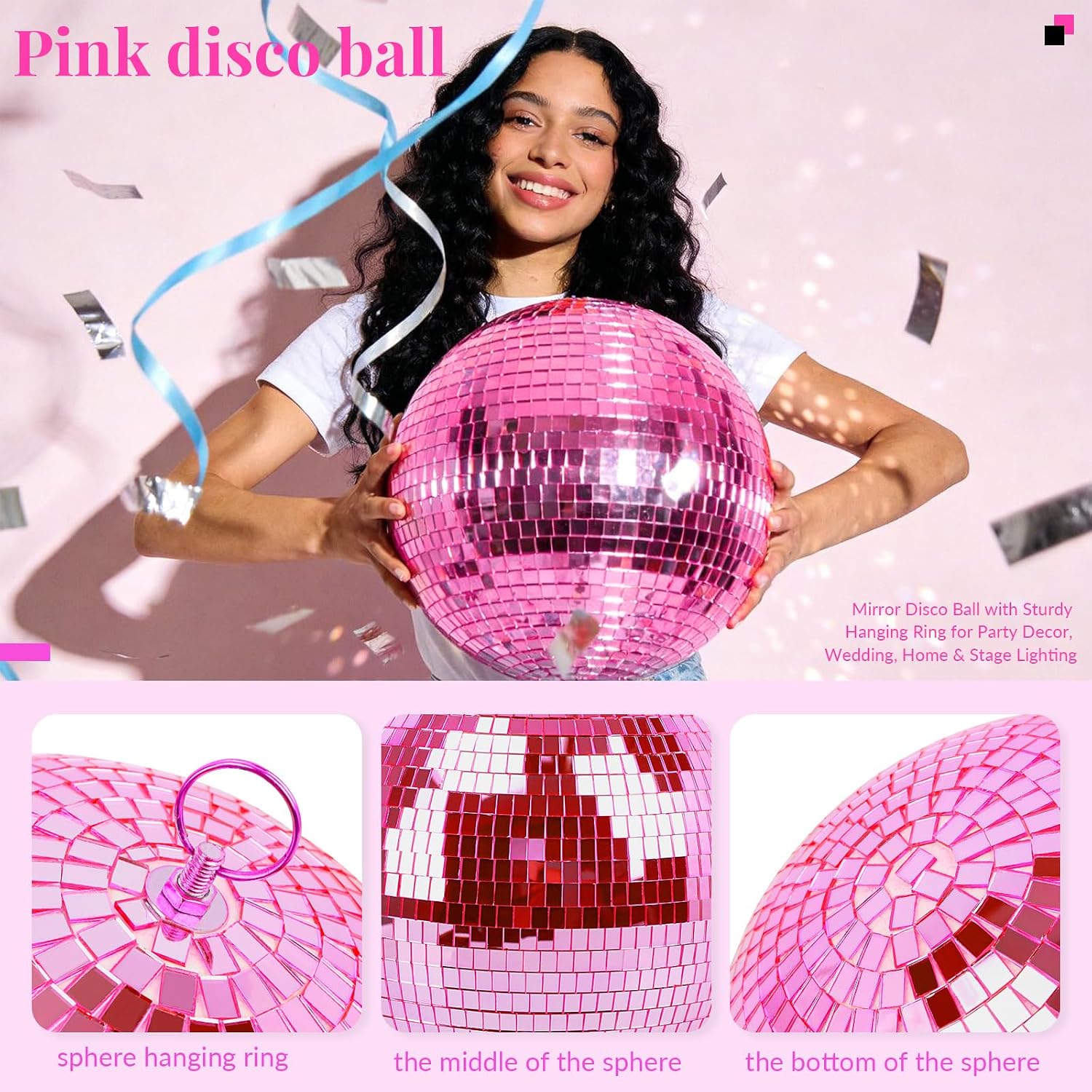 Detalle de Muscab 12-Inch Pink Disco Ball with Hanging Ring, 95% Glass Mirror