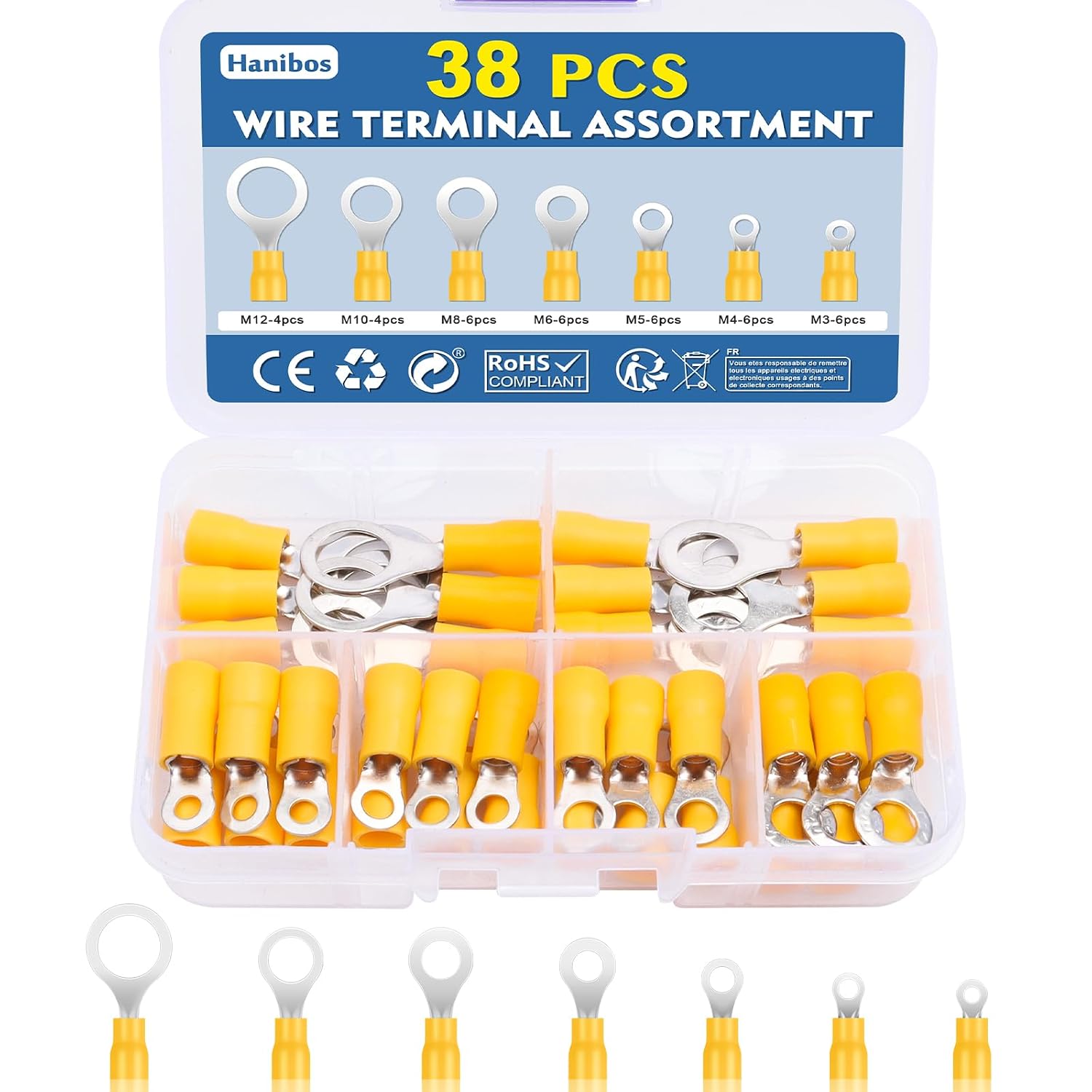 Detalle de Hanibos RT005 ringkabelskor, 38 st för 4–6 mm² kabel, M3–M12