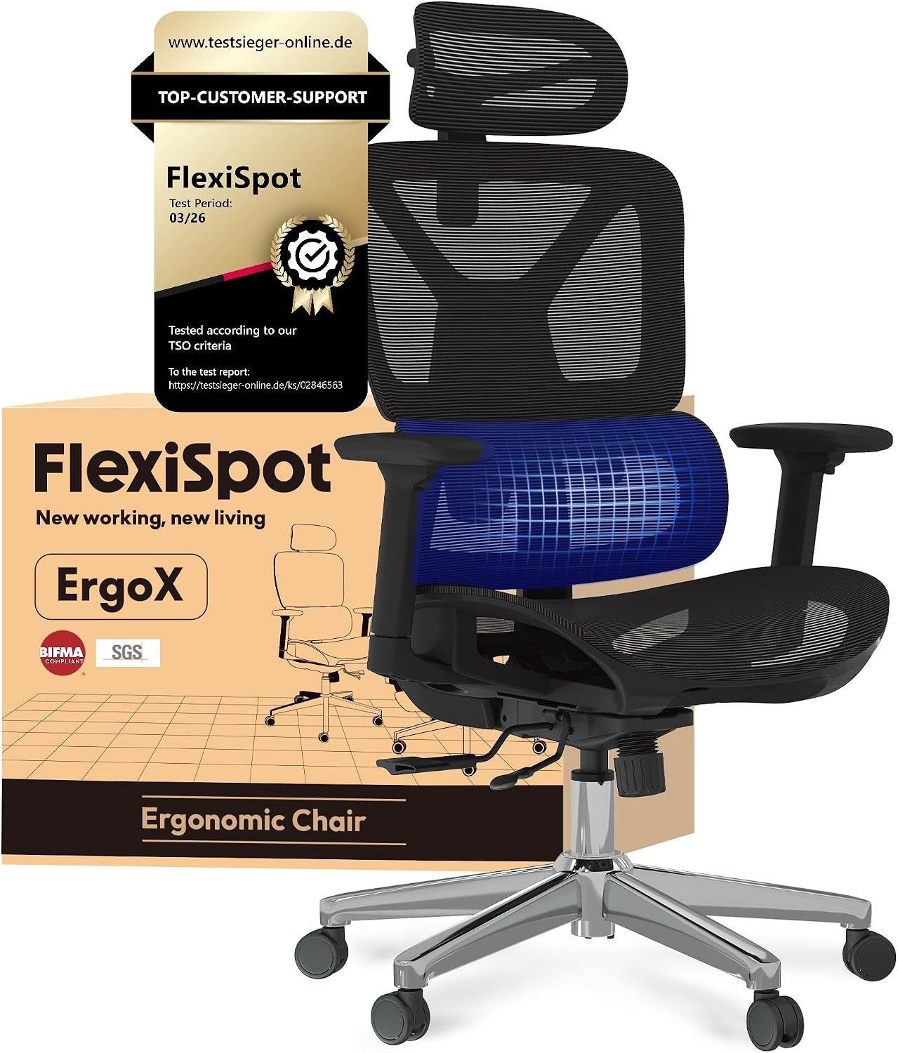 Detalle de FLEXISPOT ergonomischer Bürostuhl ErgoX mit 3D-Armlehnen, 3D-Kopfstütze und 5D-Rückenlehne (bis 136 kg), Schwarz